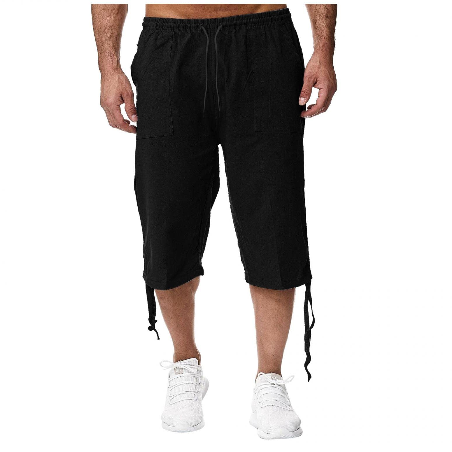 **Men's Breathable Linen Cotton Capri Shorts - Wide Leg Below Knee Harem Pants with Pockets for Basketball & Casual Wear**
