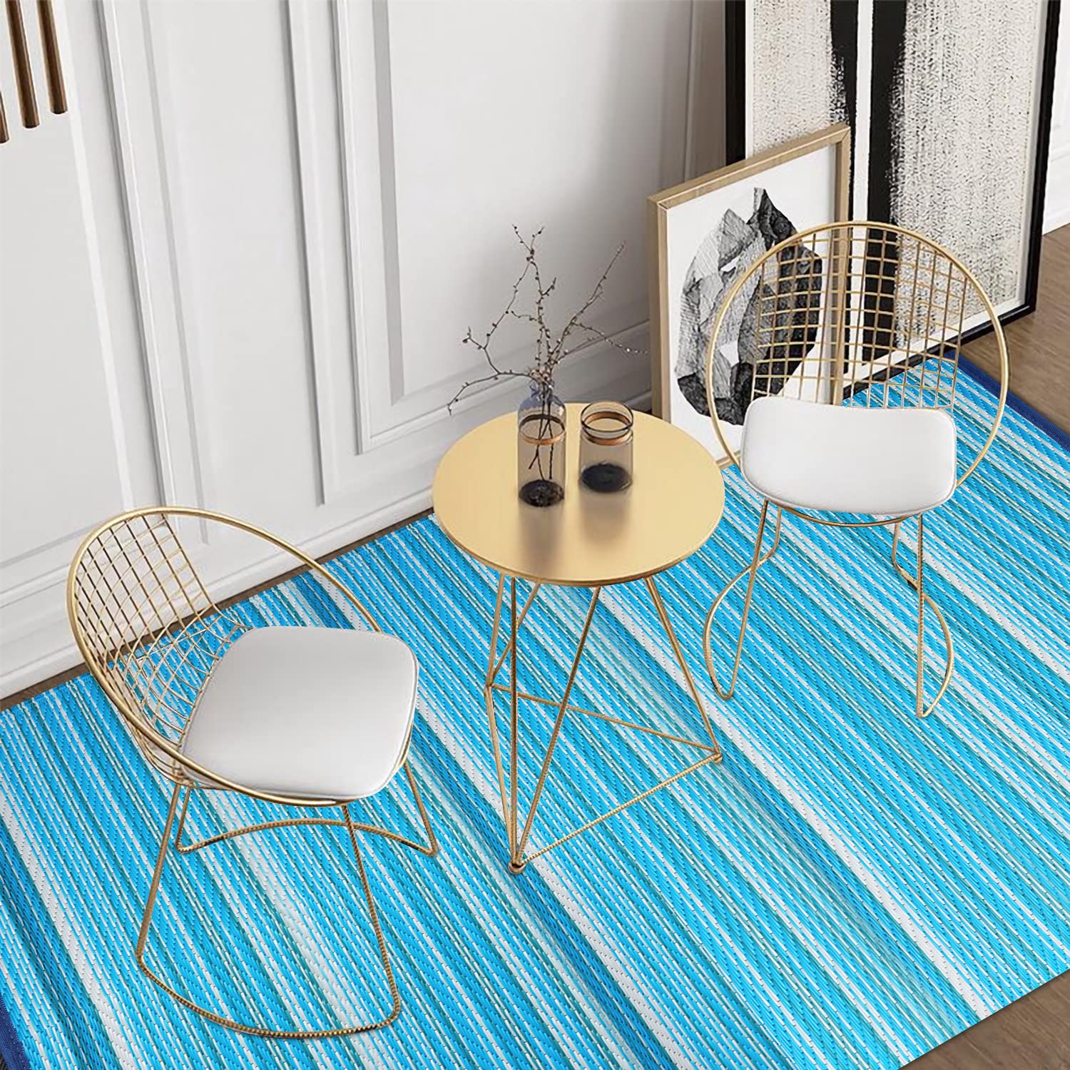 Wefavor Reversible Waterproof Plastic Rug - Indoor/Outdoor Straw Mat for Garden, Patio, Deck & Picnic | Easy to Clean & Fold | Portable Floor Mat (Blue, 6x9 Feet) | Perfect for Camping, Beach & Backyard Parties