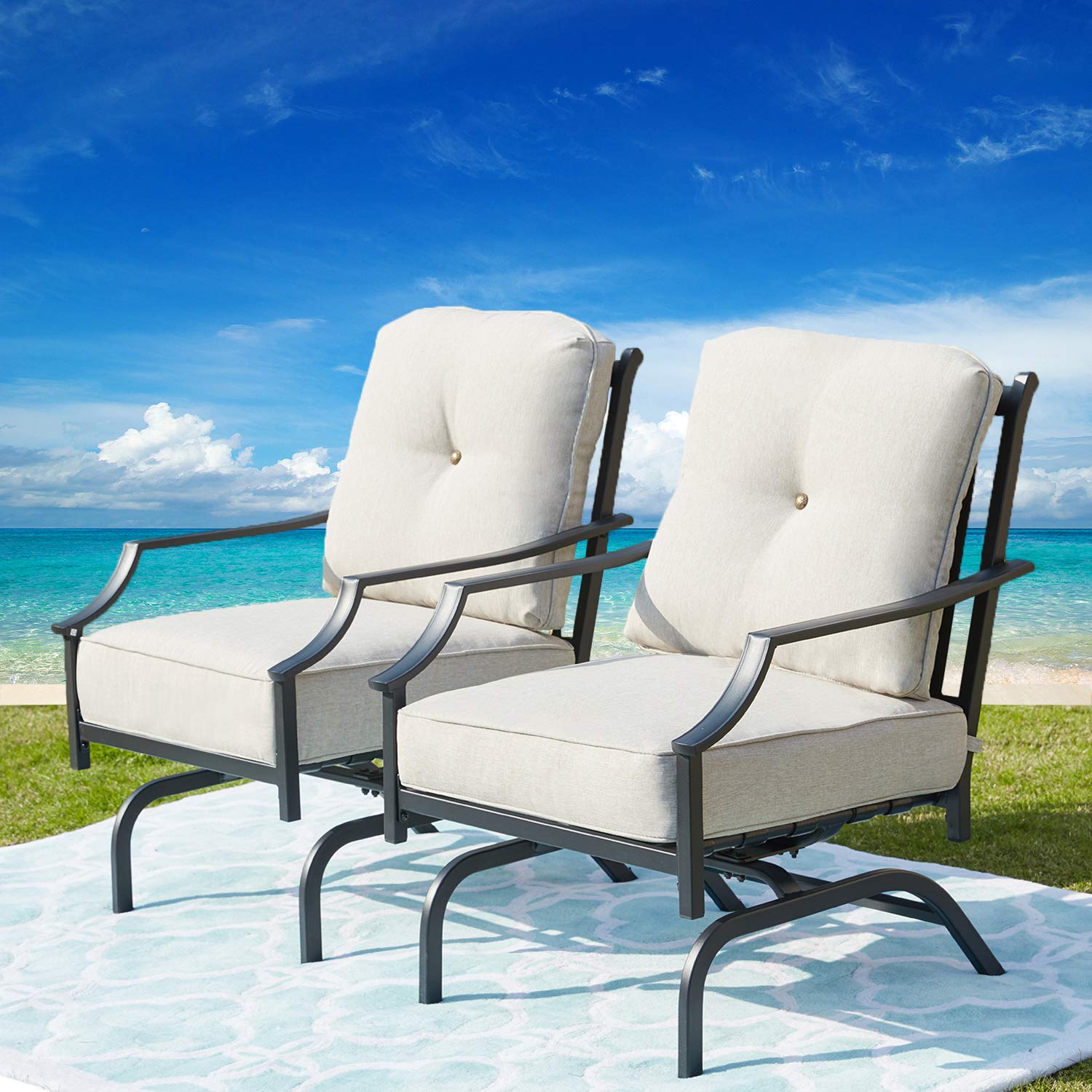 Festival Depot 2-Piece Metal Outdoor Dining Chairs Set with Thick Cushions - Patio, Bistro, Deck & Garden Furniture (Beige) - Perfect for Backyard BBQs, Poolside Lounging & Outdoor Entertaining