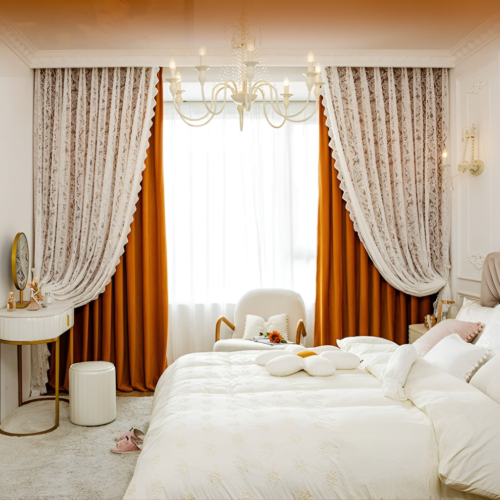 Jaelynn Two Layer Velvet Lace Blackout Curtains for Bedroom - Custom Room Darkening Window Drapes for Home Decor, Insulated Thermal Noise Reducing Curtain Panels