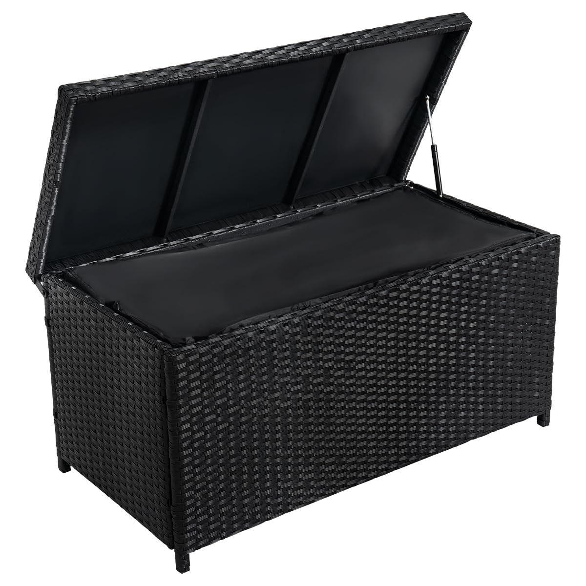70 Gallon Outdoor Wicker Storage Box with Waterproof Liner - PE Rattan Patio Deck Box with Hinged Lid for Cushions, Pillows & Towels - Weatherproof Horizontal Storage Bin for Backyard, Poolside & Garden (Black)