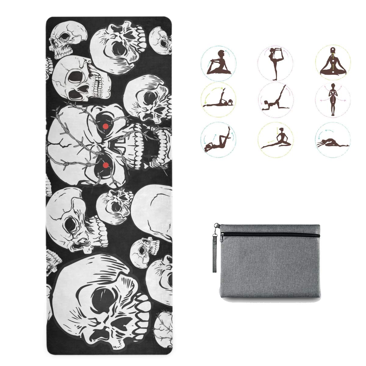 Premium Non-Slip Yoga Mat with Skull Design - Foldable Fitness Mat for Women, Home Gym, Pilates & Travel - Comfortable Workout Equipment for Yoga, Exercise & Indoor Training