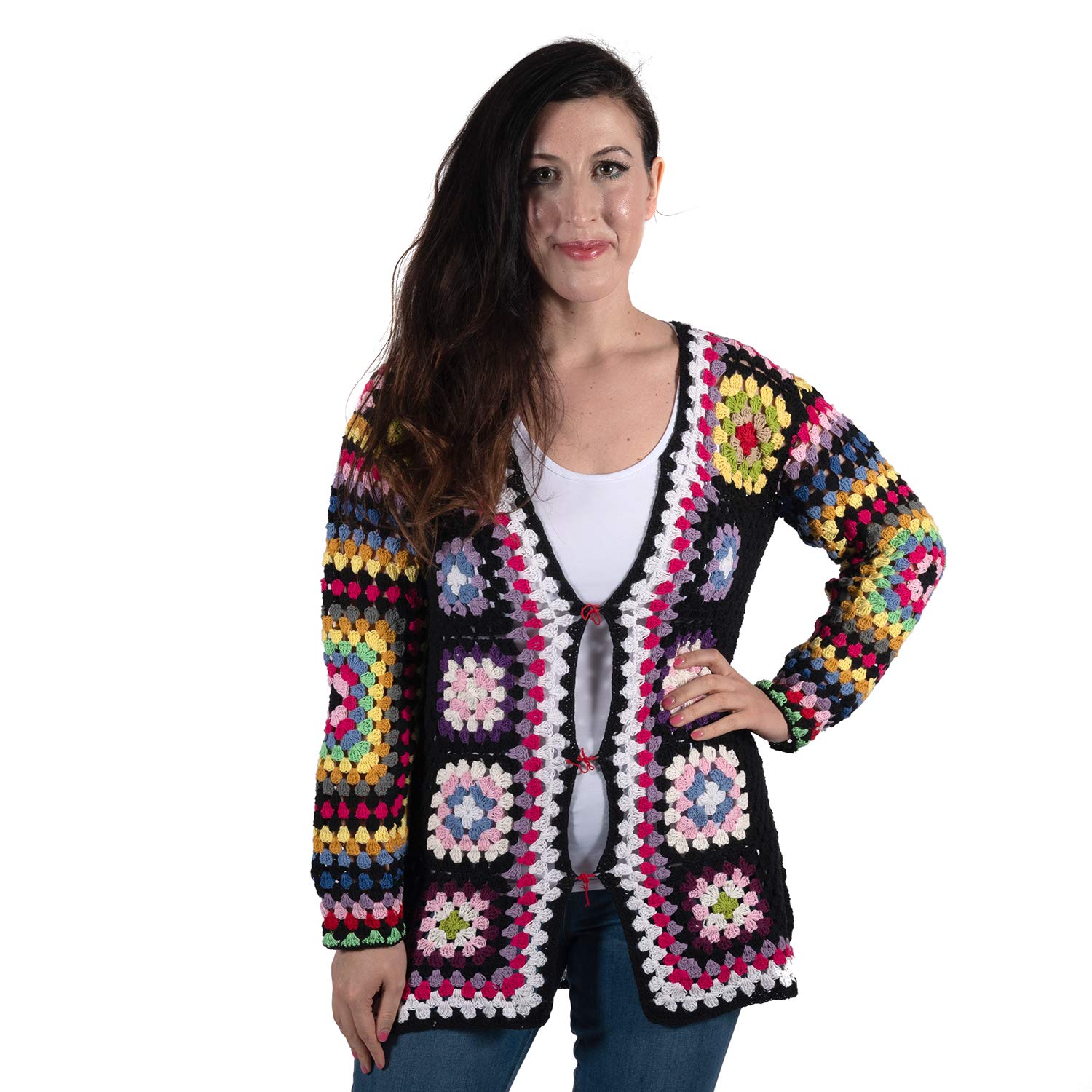 Handmade White & Multi-Color Square Pattern Cotton Crochet Cardigan - Boho Chic Lace Cover-Up for Beach, Festival & Summer Outfits