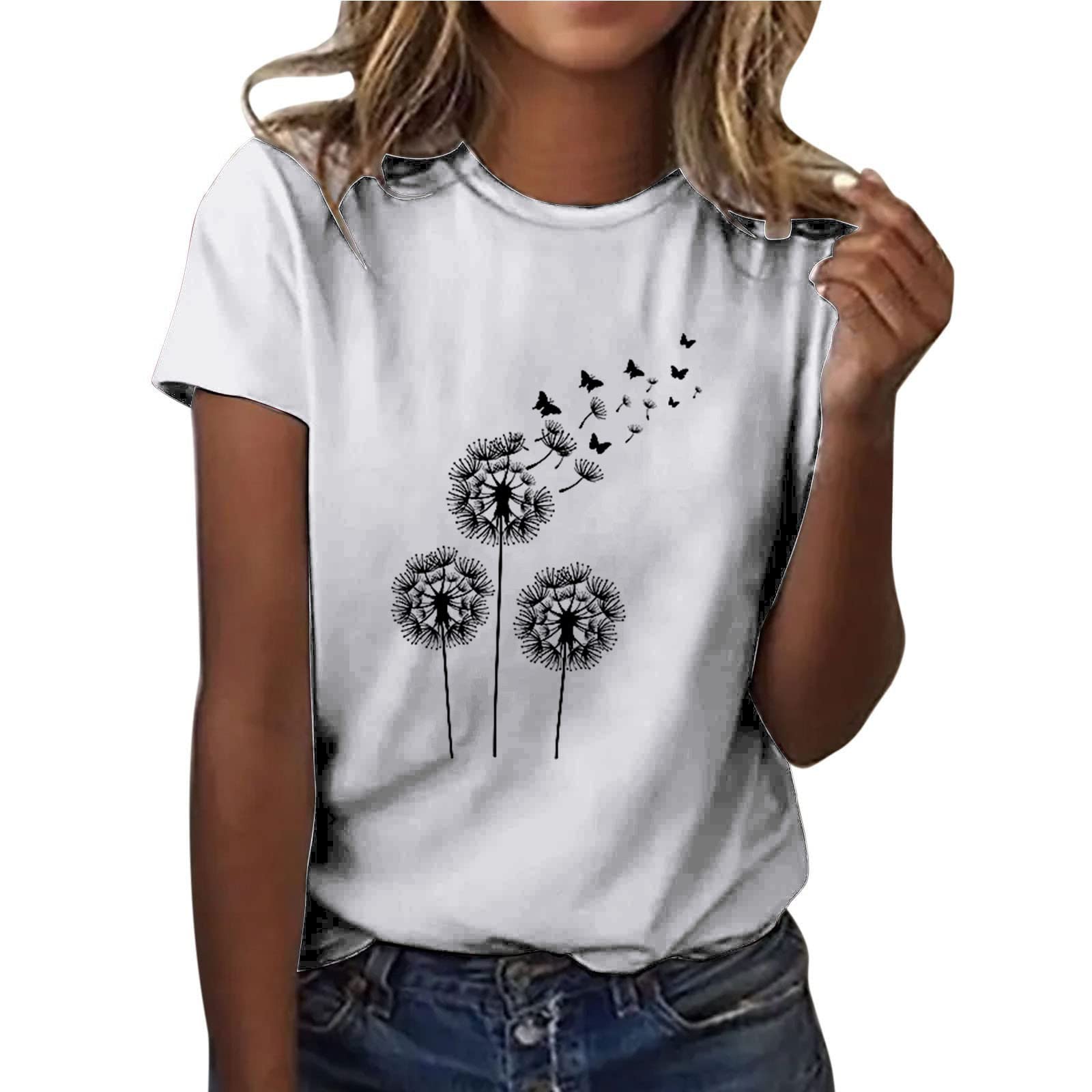 Women's Elegant Casual Dandelion Print Short Sleeve Crewneck T-Shirt - Summer Blouse Pullover Top Size 6-18 - Perfect for Work, Office & Mother's Day Gifts (UK Sale)