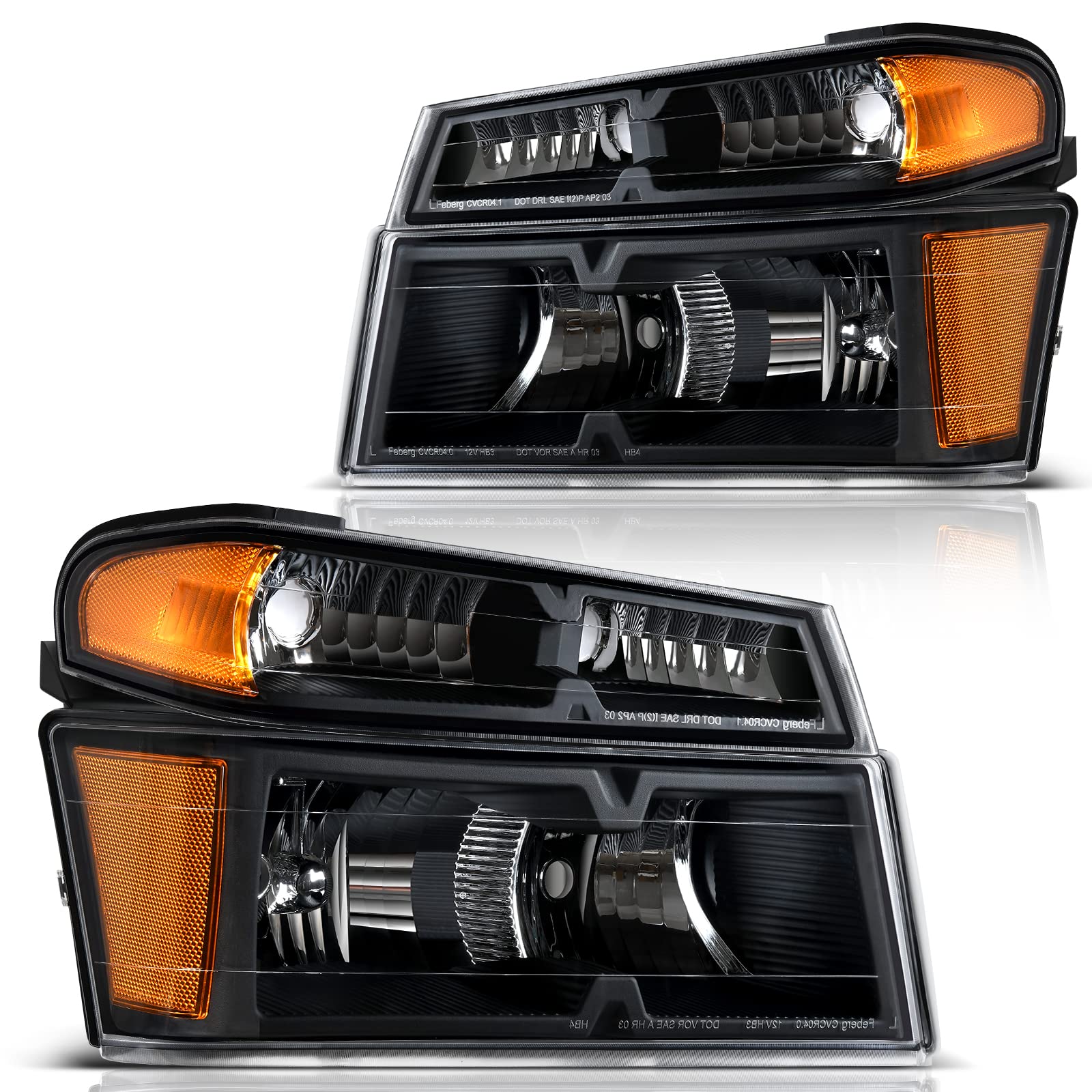 DWVO Headlight Assembly Compatible with 2004-2012 Chevy Colorado & GMC Canyon, 2006-2008 Isuzu i-Series - Black Housing, Amber Reflector, Clear Lens - Perfect for Off-Roading, Night Driving & Vehicle Restoration