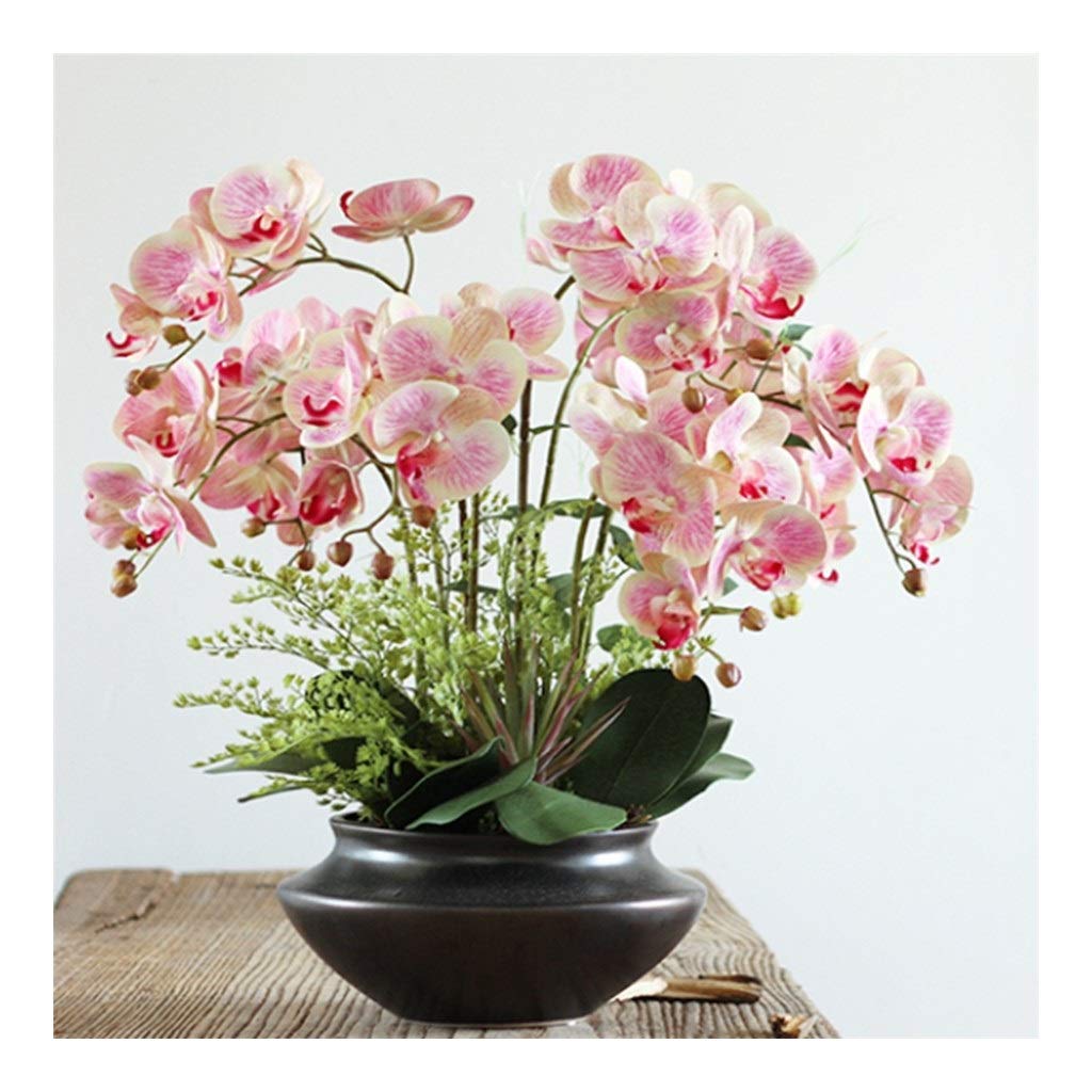 NNR Artificial Silk Phalaenopsis Orchid Flowers with Black Metal Vase - Elegant Wedding, Party & Dining Table Centerpiece Decor - Pink Home Decoration for Living Room, Office & Event Styling