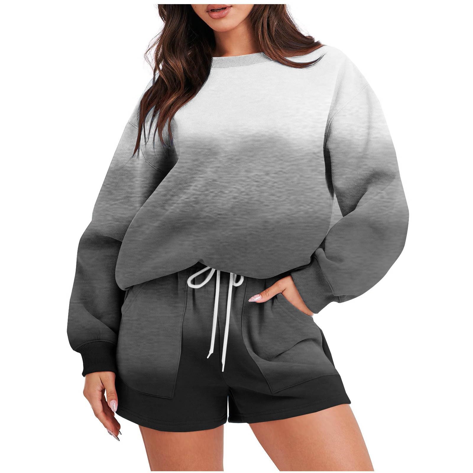 Wodceeke Women's 2-Piece Sweatsuit Set - Gradient Print Oversized Pullover Sweatshirt & Shorts | Casual Lounge Wear, Athleisure Outfit for Home, Gym & Street Style