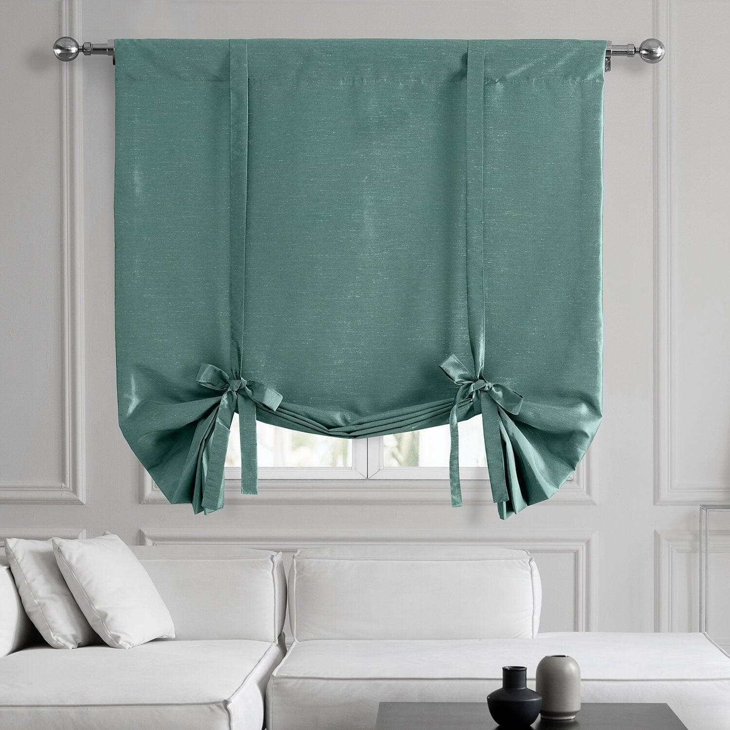 Peacock Vintage Textured Faux Dupioni Silk Blackout Window Curtain - Elegant Room Darkening Tie-Up Shade for Bedroom, Living Room & Nursery
