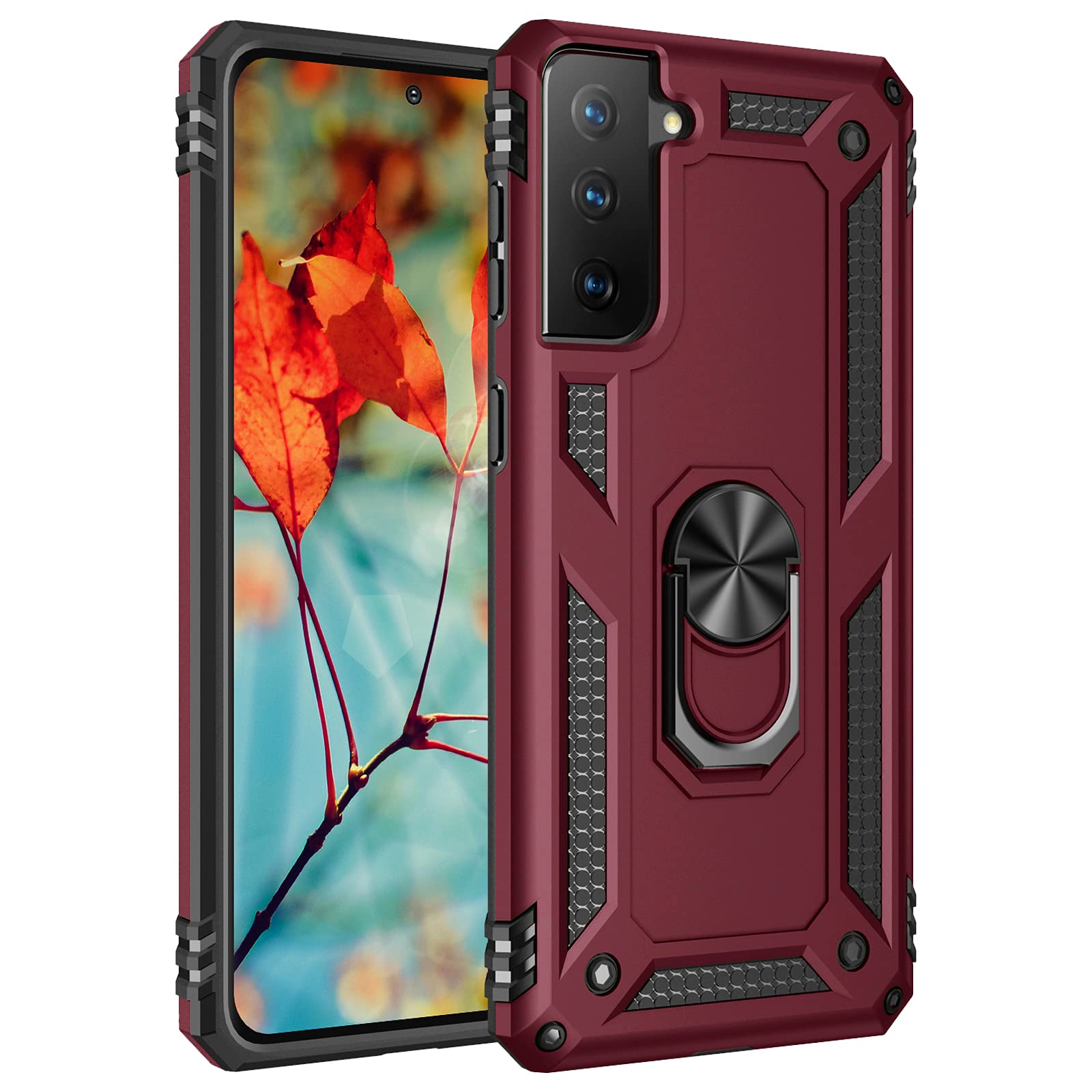Hapitek 360 Rotating Kickstand Case for Samsung Galaxy S21 Plus - Military-Grade Dual Layer Hybrid Shockproof Protective Cover (Wine Red) - Perfect for Work, Travel & Hands-Free Viewing