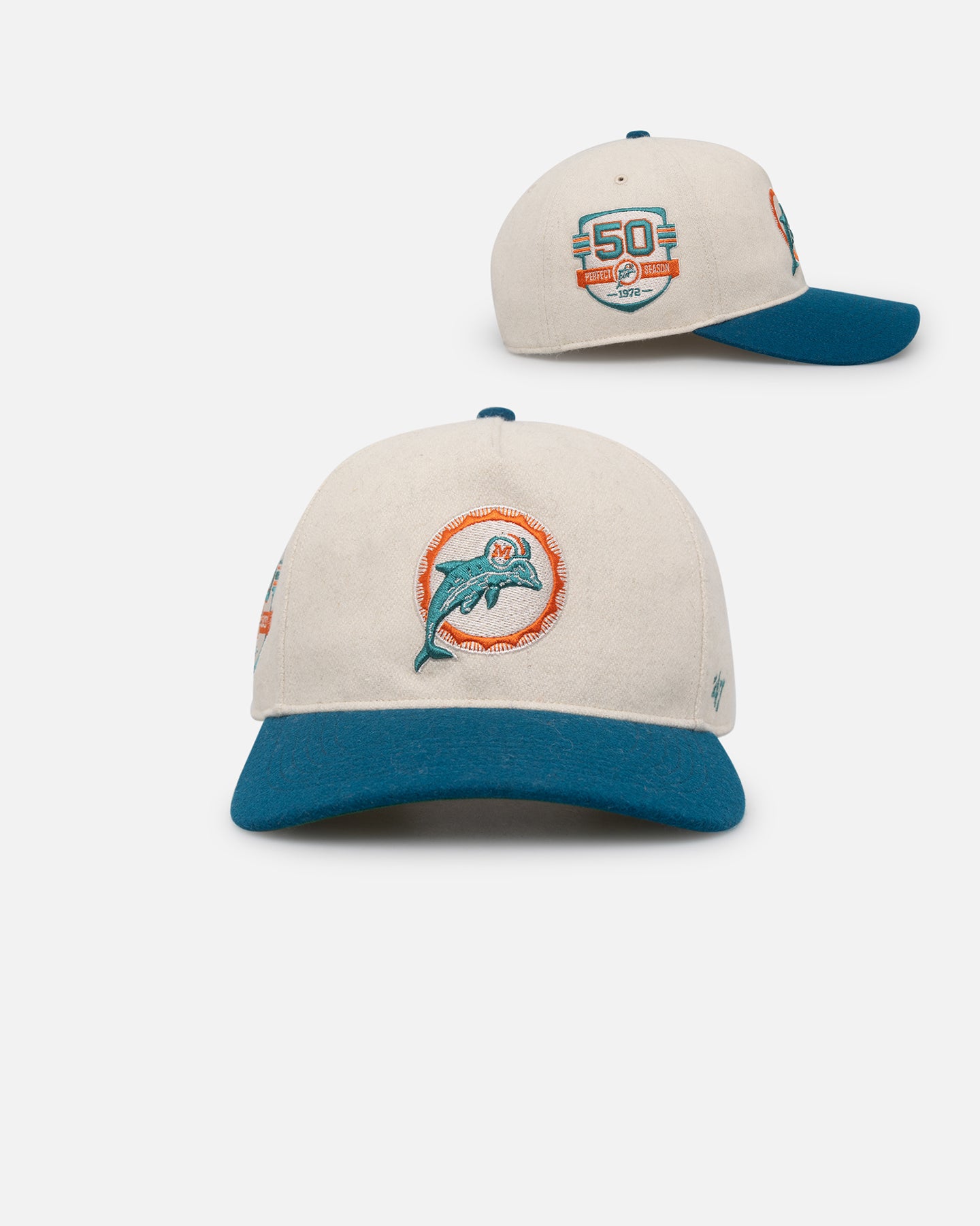 47 Brand Miami Dolphins Legacy Wooly Sure Shot Snapback Hat - Natural/Neptune - Perfect for NFL Games, Tailgating & Sports Fan Gifts
