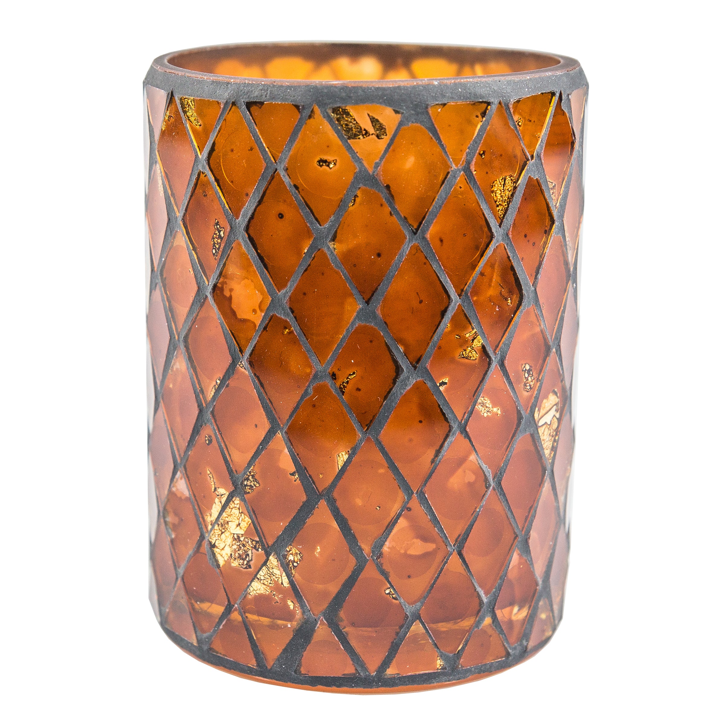 Amber Mosaic Glass Candle Holders Set of 6 - Handmade Stained Glass Tea Light Holders for Wedding, Home Decor, and Party Centerpieces