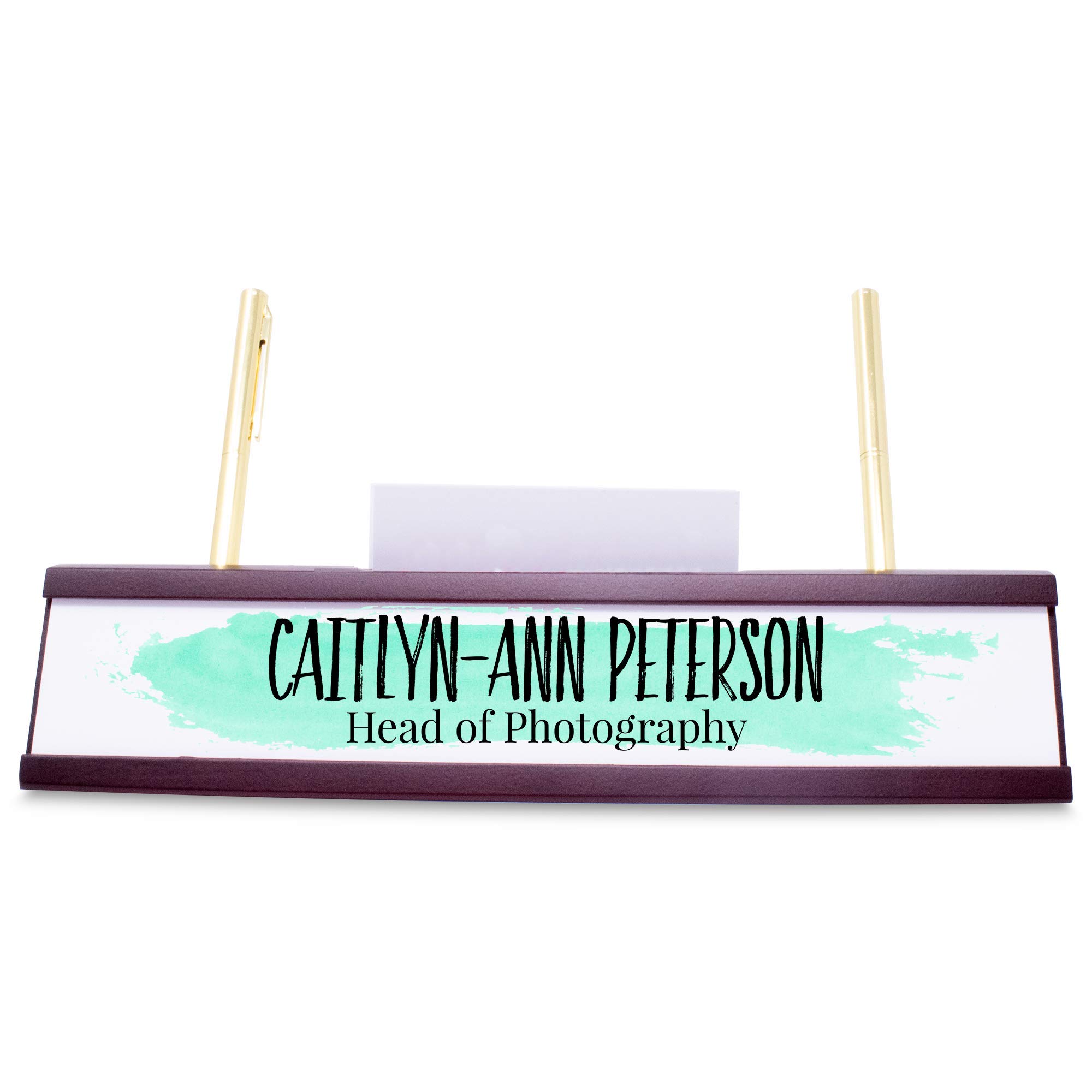 Custom Mahogany Desk Organizer with Pen Holder & Business Card Slot - Personalized Name Plate (Watercolor Design) - Perfect for Office, Home Study & Executive Gifts