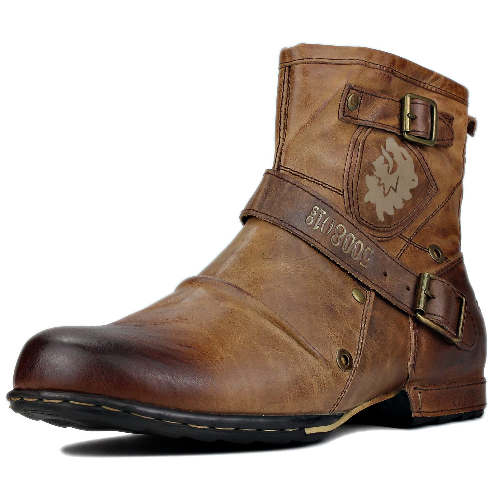 OSSTONE Men's Fashion Leather Chukka Boots with Zipper - Casual Motorcycle Shoes OS-5008-1-BE-US | Perfect for Riding, Daily Wear & Outdoor Activities