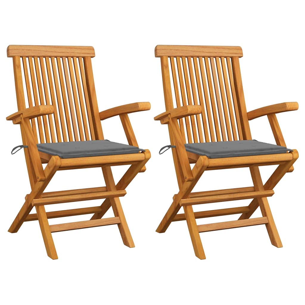 Premium Teak Wood Patio Chairs Set of 2 with Gray Cushions - Durable Outdoor Furniture for Garden, Poolside & Backyard Relaxation