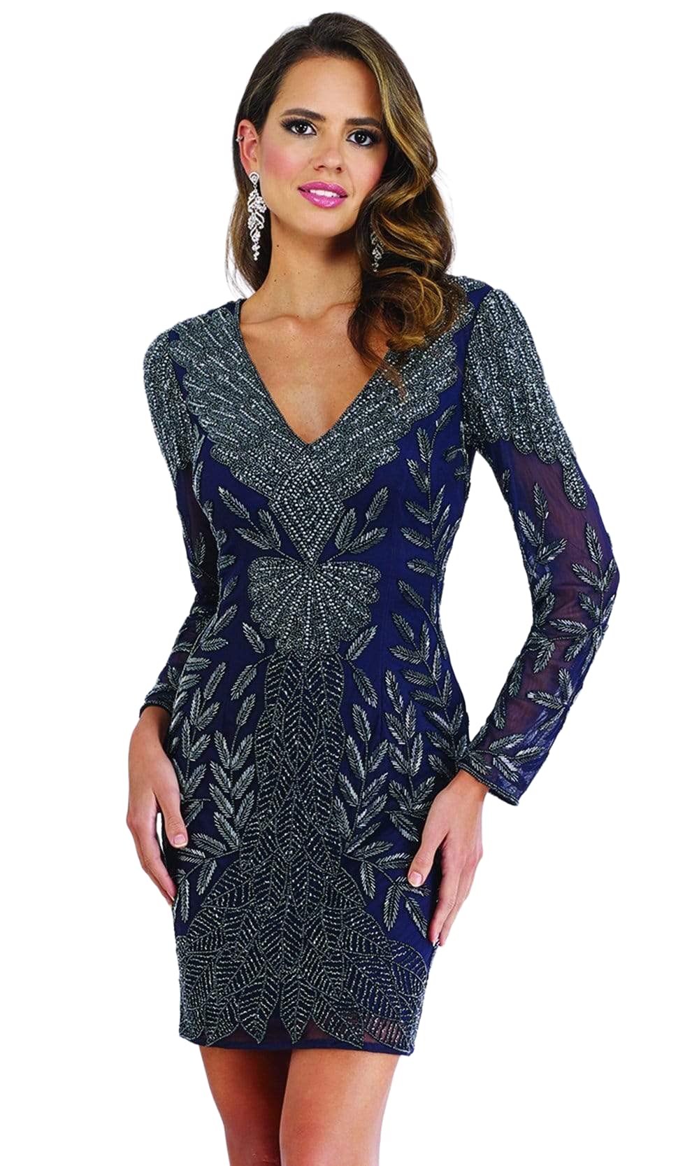 Lara Dresses 29376 Women's Navy Blue Long Sleeve V-Neck Beaded Sheath Dress Size 14 | Elegant Formal Wear for Evening Parties, Weddings & Special Occasions