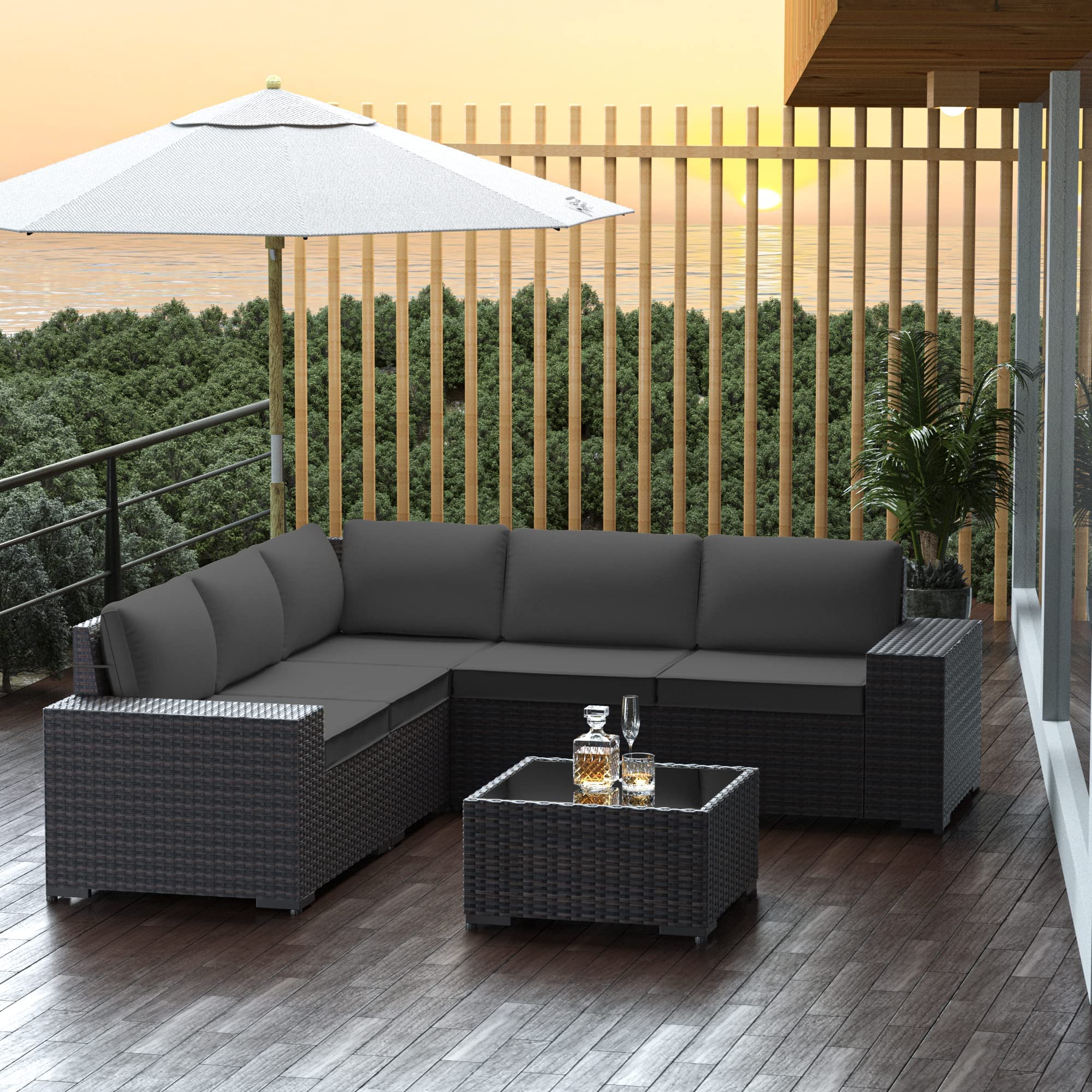 6-Piece Outdoor Patio Furniture Set - All-Weather PE Wicker Modular Sectional Sofa with Coffee Table & 5 Chairs (Grey) - Perfect for Backyard, Garden, Poolside & Deck Relaxation