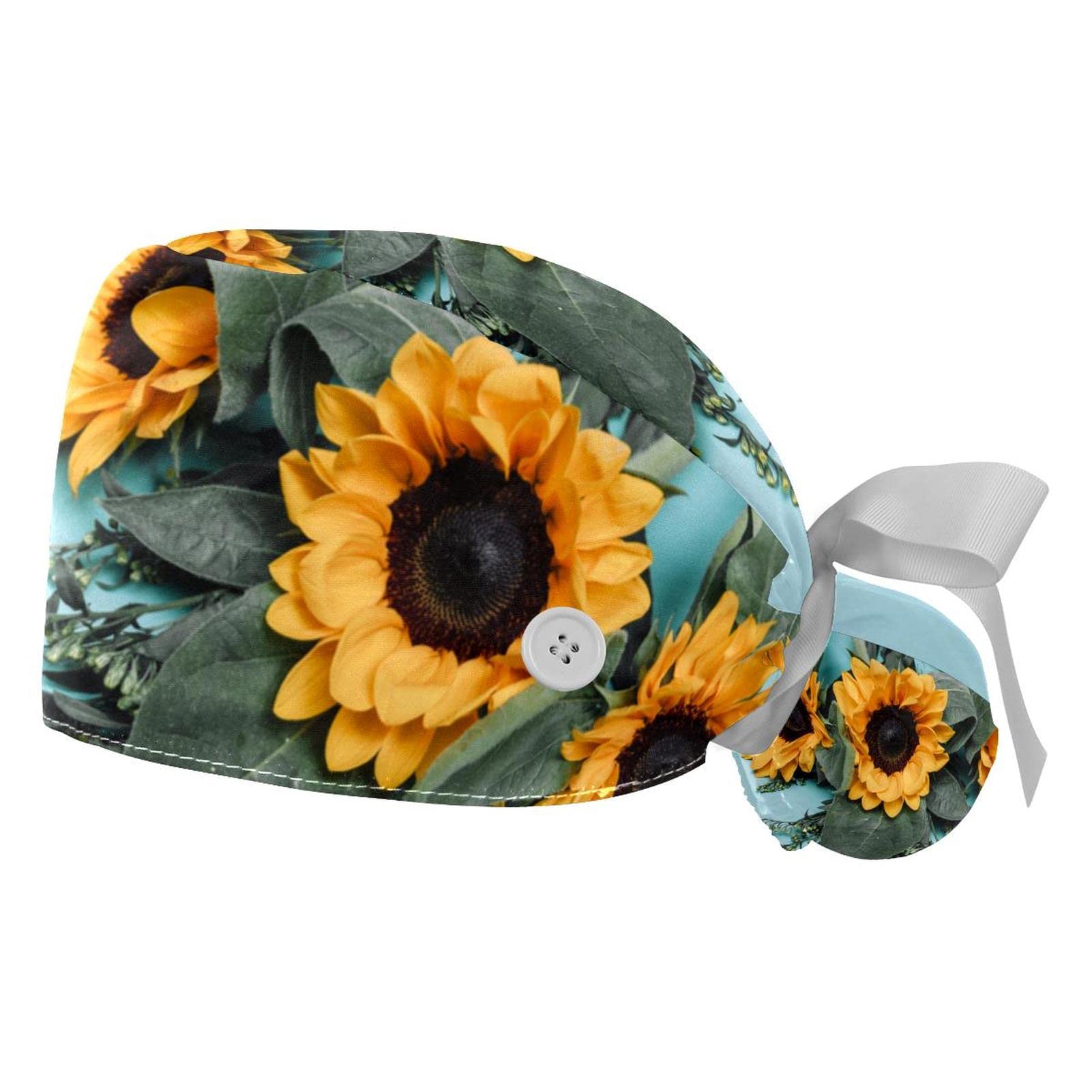 2 Pack Women's Adjustable Working Cap with Button - Unisex Tie Back Bouffant Scrub Hat with Sweatband, Modern Floral Design for Nurses, Doctors & Healthcare Professionals - Perfect for Hospitals, Clinics & Medical Work Environments
