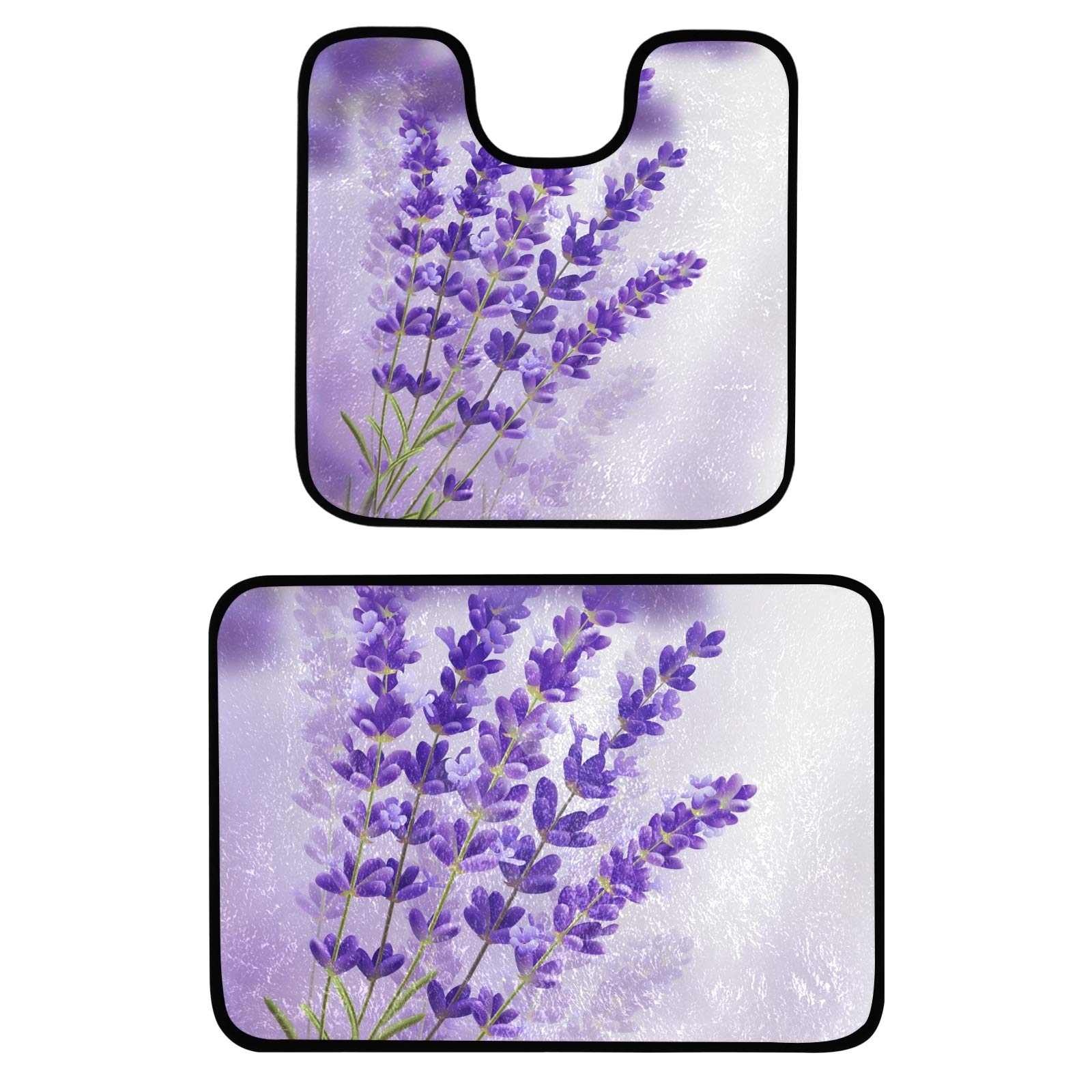 Luxury 2-Piece Bathroom Rug Set - Soft Plush Lavender Flower Shower Mat & Toilet Mat, Non-Slip Quick-Dry Washable Shaggy Carpet (24