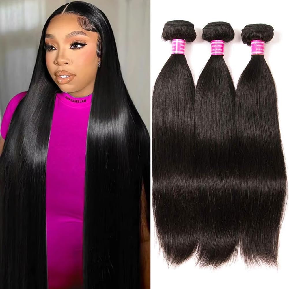 QinMei 100% Virgin Unprocessed Brazilian Straight Human Hair Weaves - 3 Bundles (10A Grade, Remy, Natural Black) 20/22/24 Inch for Hair Extensions & Styling - Perfect for Daily Wear, Parties & Special Occasions