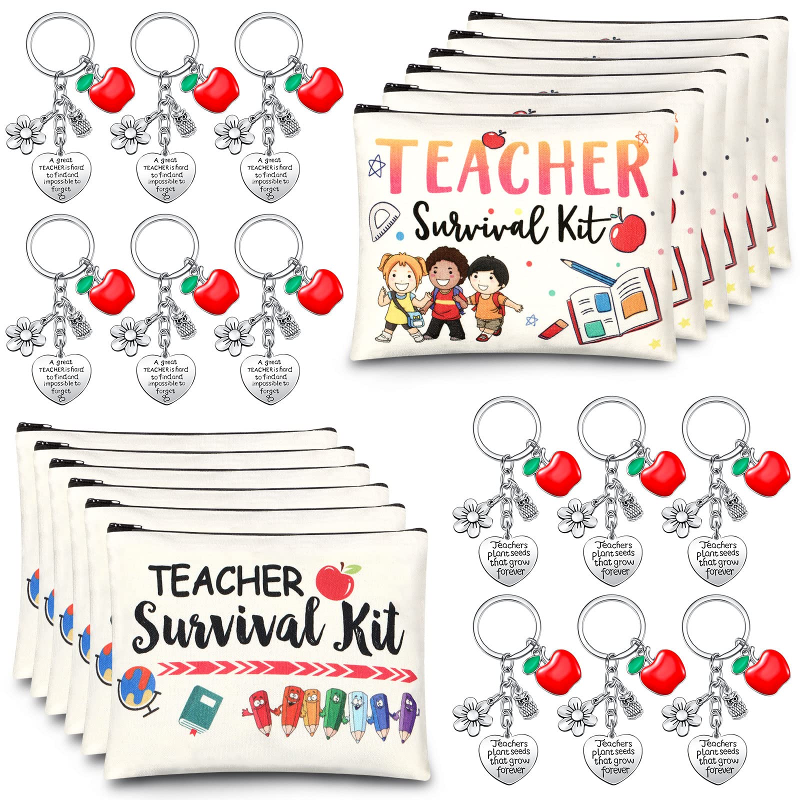 24 Pcs Teacher Appreciation Gift Set - 12 Cosmetic Makeup Bags & 12 Inspirational Keychains - Perfect for Graduation, End of Year, Thank You Gifts - Ideal for Teachers, Professors, Educators