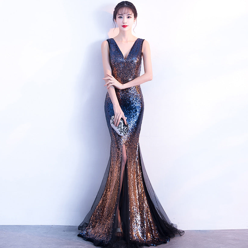 1378 New Long Deep V Sequin Fishtail Evening Dress for Hosting, Nightclub & Annual Parties – Elegant Performance Gown for Car Models & Formal Events
