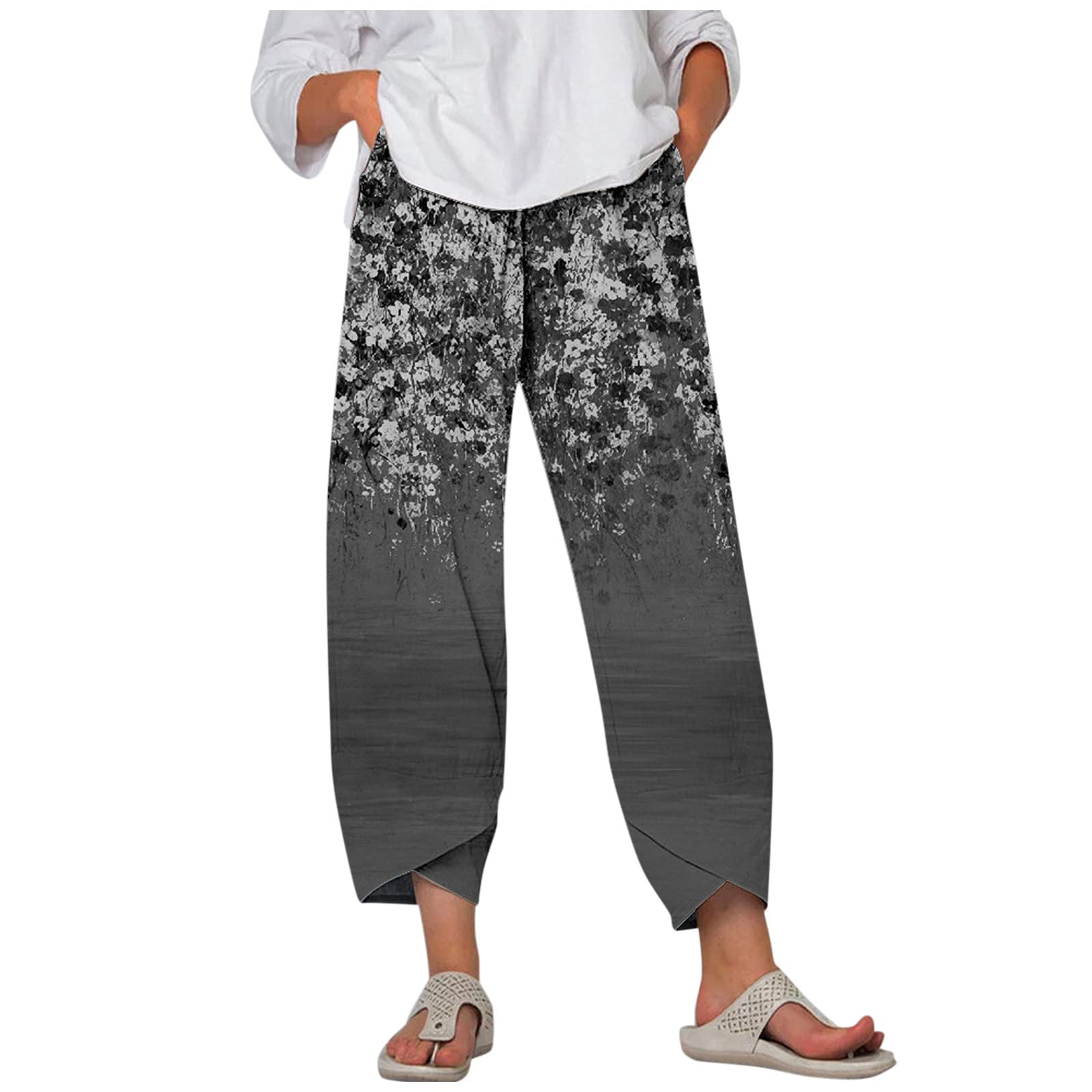 Women's Floral Printed Cotton Linen Wide Leg Pants - High Waisted Summer Palazzo Pants with Pockets - Casual Comfort for Beach, Vacation & Everyday Wear
