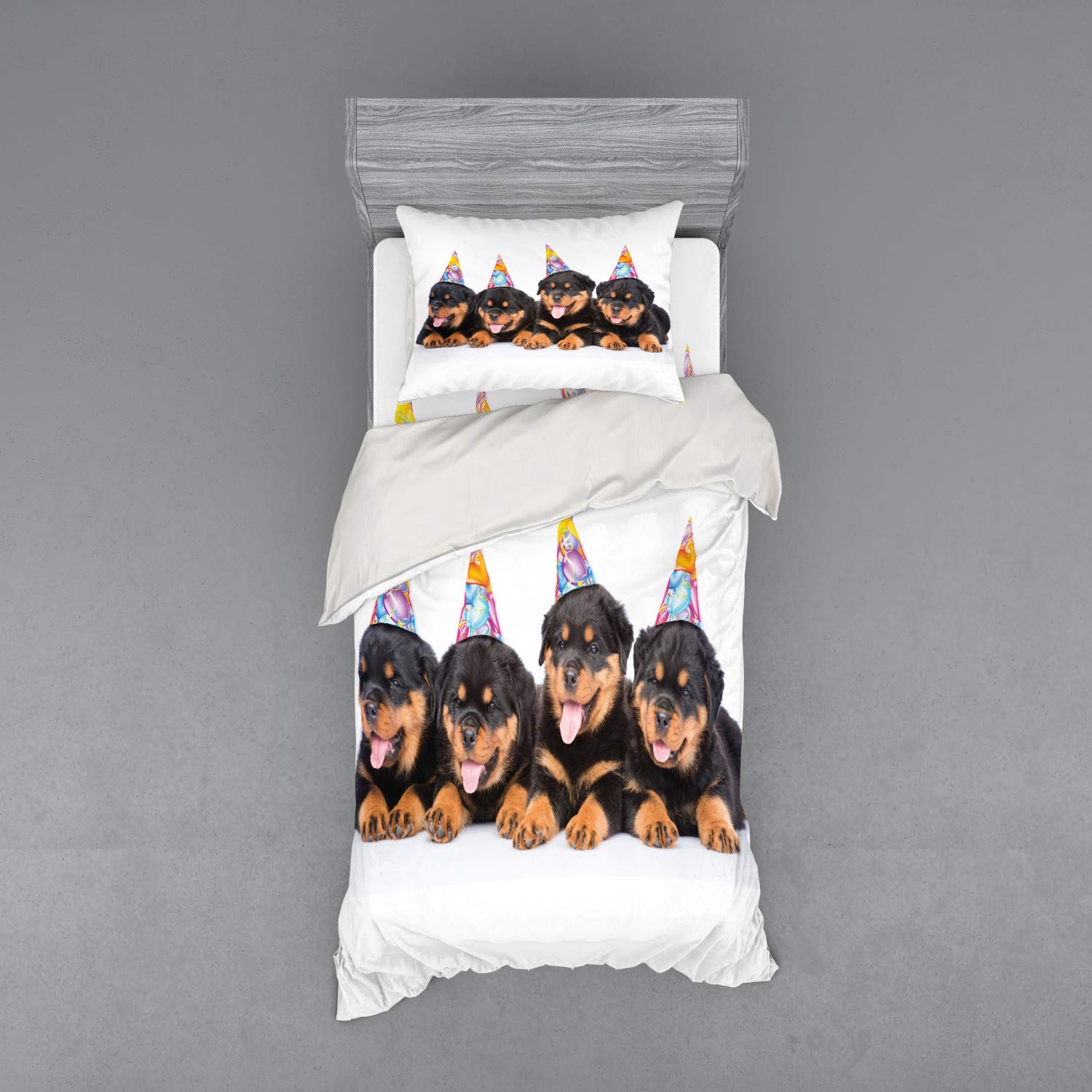 Ambesonne Rottweiler Puppies with Party Cone Hats 3-Piece Duvet Cover Set - Twin Size, Marigold & Black Dog Themed Bedding | Perfect for Birthday Gifts, Dog Lover's Bedroom Decor, and Kids' Room Makeover