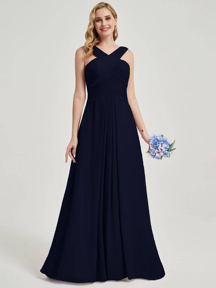 Elegant Dark Navy Cross Neck A-Line Floor Length Chiffon Bridesmaid Dress for Weddings & Formal Events - Perfect for Bridal Party, Evening Galas, and Special Occasions