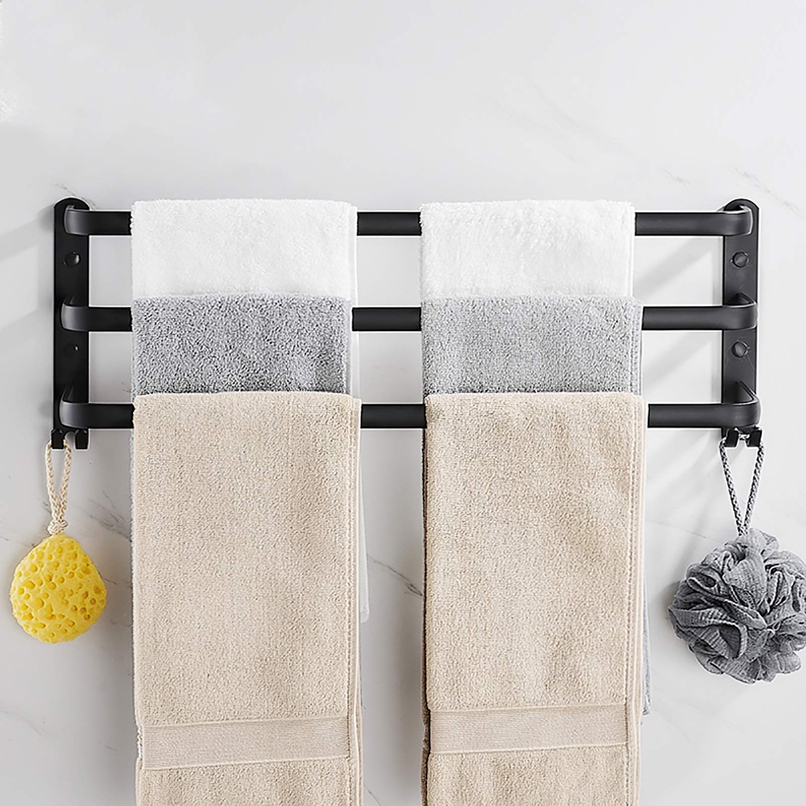3-Tier Wall Mounted Towel Holder & Shoe Rack Organizer with Hooks - Space Saving Bathroom & Kitchen Storage Solution (60cm, Black) | Perfect for Small Spaces, Apartment Living & Clutter-Free Home Organization