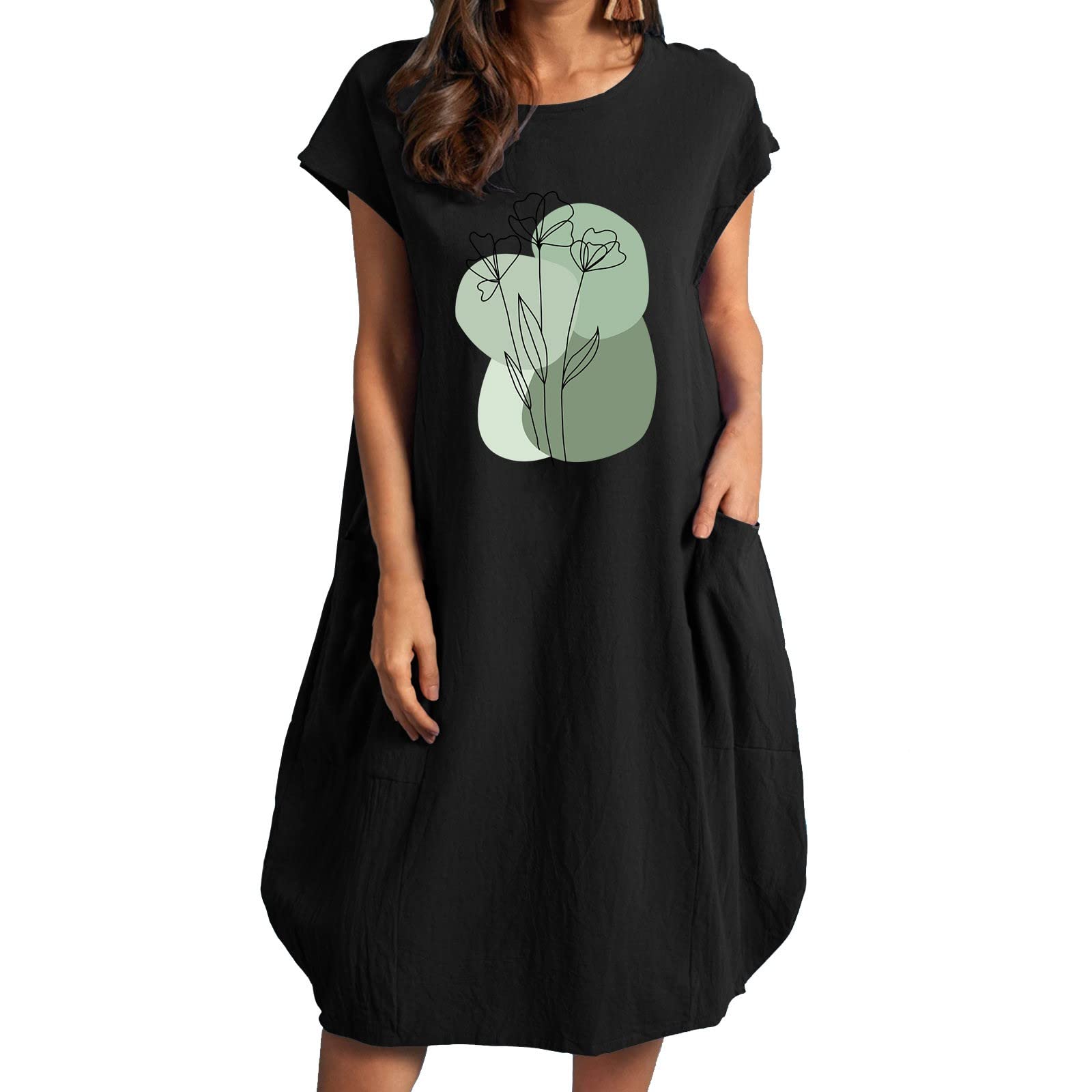 Women's Floral Printed Loose Short Sleeve Summer Dress - Round Neck Casual Dress with Pockets (Plus Size Available) - Perfect for Beach, Vacation & Everyday Wear