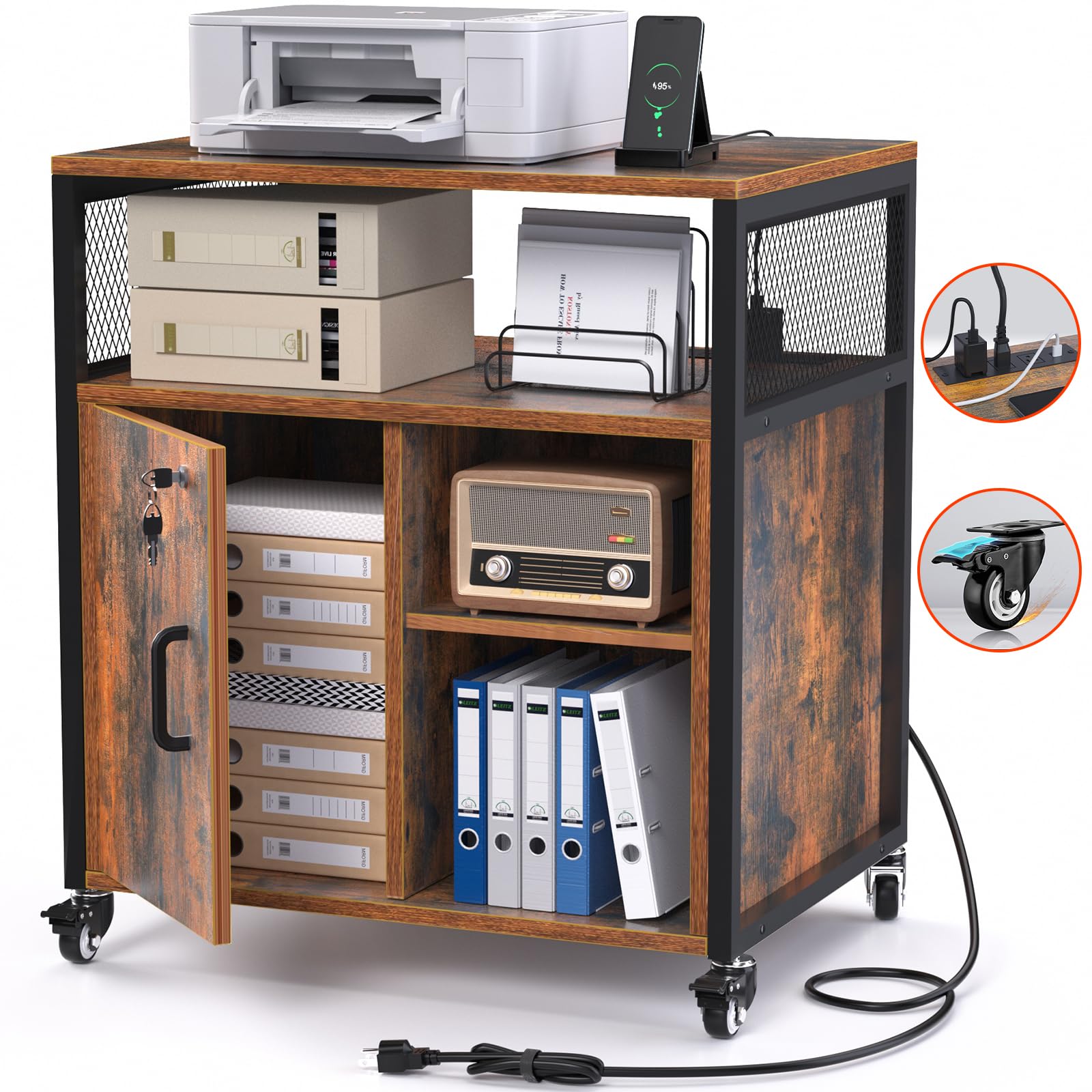 Locking Braking Wheels File Cabinet with Charging Station & Storage - Heavy Duty Mobile Filing Cabinet for Office & Home, A4 Letter Size Document Organizer - Perfect for Workspaces, Home Offices & Printer Stand Storage Solutions