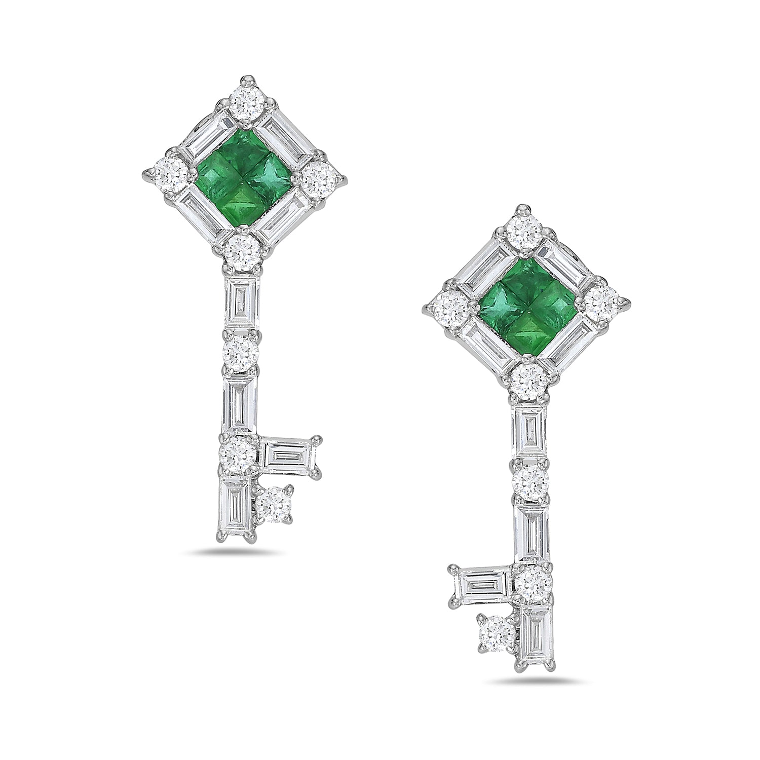 Exquisite Baguette Diamond Square Emerald Designer Key Earrings in 14K White Gold – Perfect for Weddings, Parties & Special Occasions