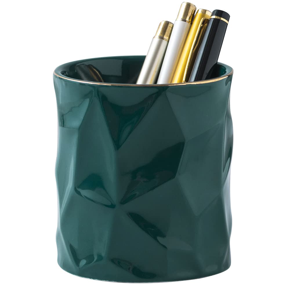 YOSCO Ceramic Irregular Round Pen Holder - Cute Gold Line Pencil Cup for Desk Organizer, Makeup Brush Holder (Dark Green) - Perfect for Office, Study & Vanity Organization