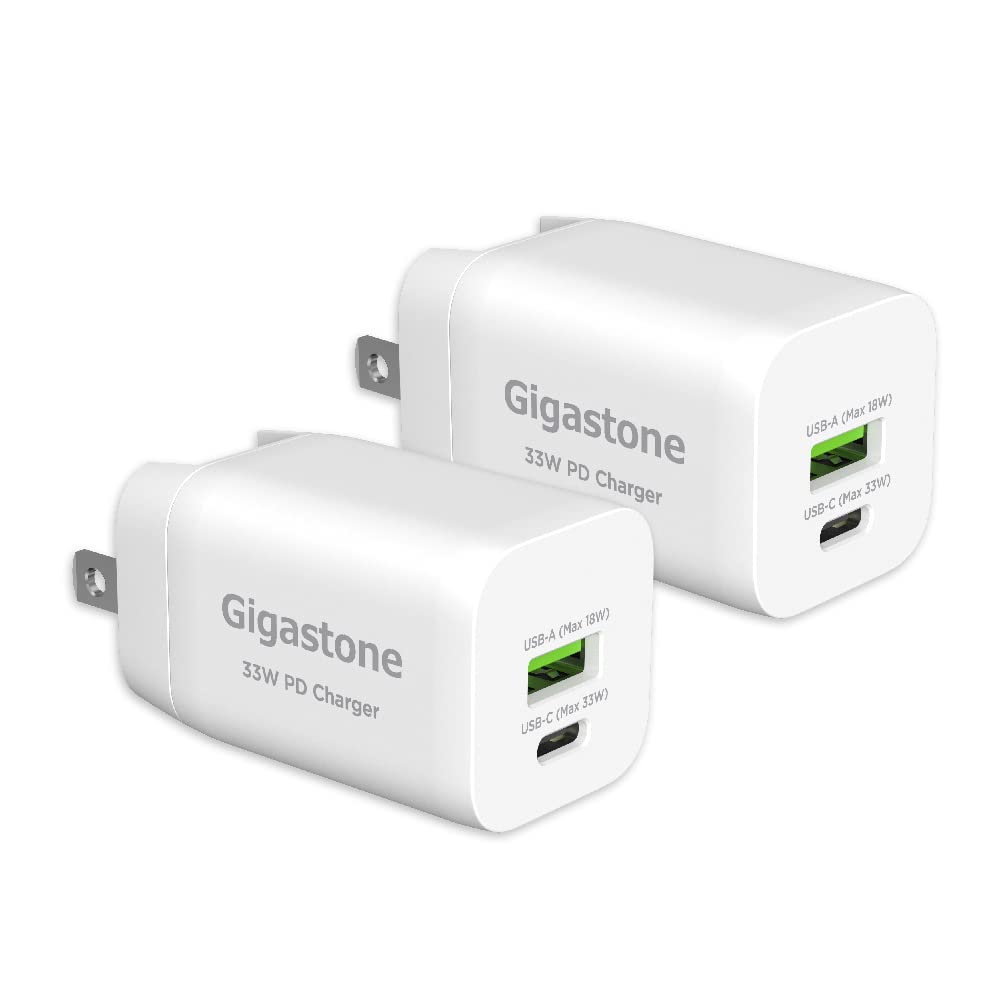 Gigastone 33W USB C Wall Charger 2-Pack - Dual Port Fast Charger (USB-A + USB-C) with PD3.0 & QC3.0 Technology | Compact Foldable Design | Compatible with iPhone 15/14/13, iPad, Samsung Galaxy, Android Phones | Perfect for Home, Office & Travel Charging