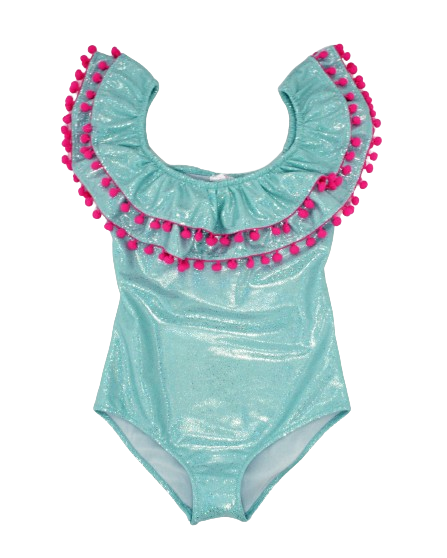 SISSI AQUA GLITTER HOT PINK POMPON One Piece Swimsuit for Women - Perfect for Beach Vacations, Pool Parties & Summer Getaways