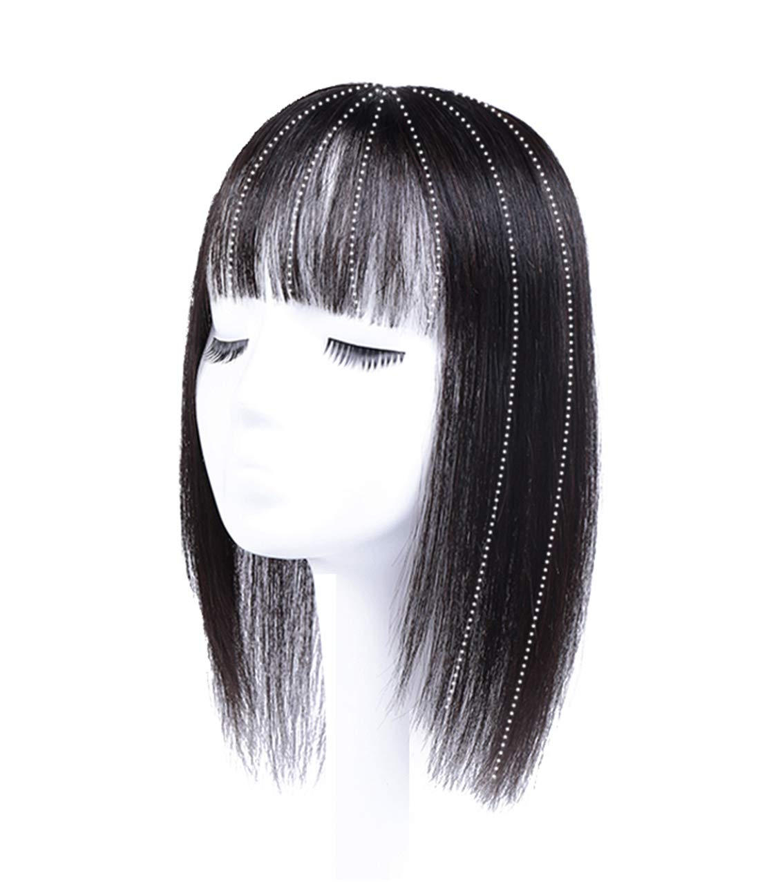 8x12cm Silk Base Clip-in Human Hair Toppers with Air Bangs for Women - Natural Black 25cm | Thinning Hair Solution for Female Baldness | Perfect for Daily Wear, Special Occasions & Hair Loss Recovery