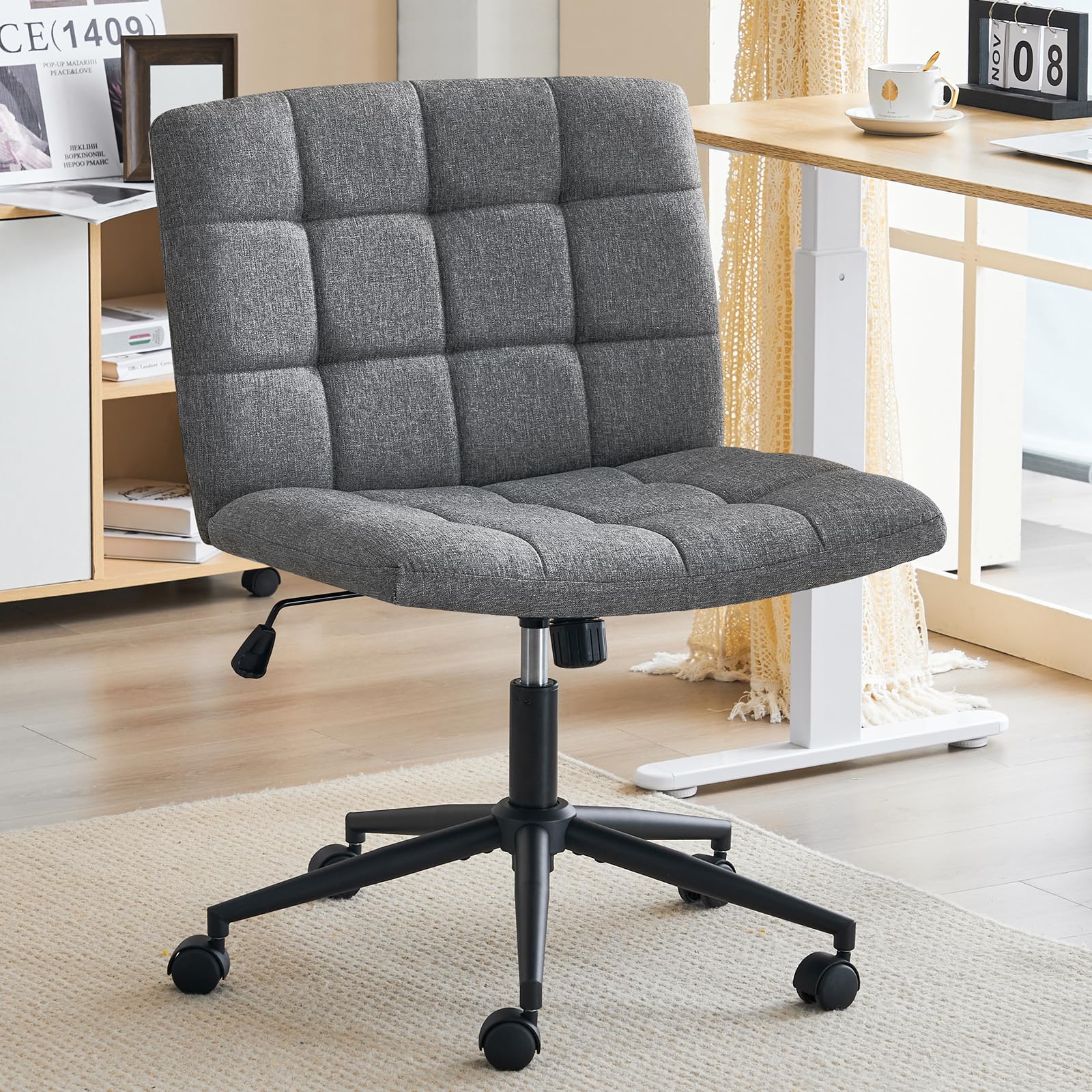 Furnimart Swivel Criss Cross Legged Office Chair with Wheels - Height Adjustable Armless Desk Chair for Home Office, Bedroom & Vanity - Comfortable Ergonomic Seat for Working, Studying & Relaxing - Grey Modern Design