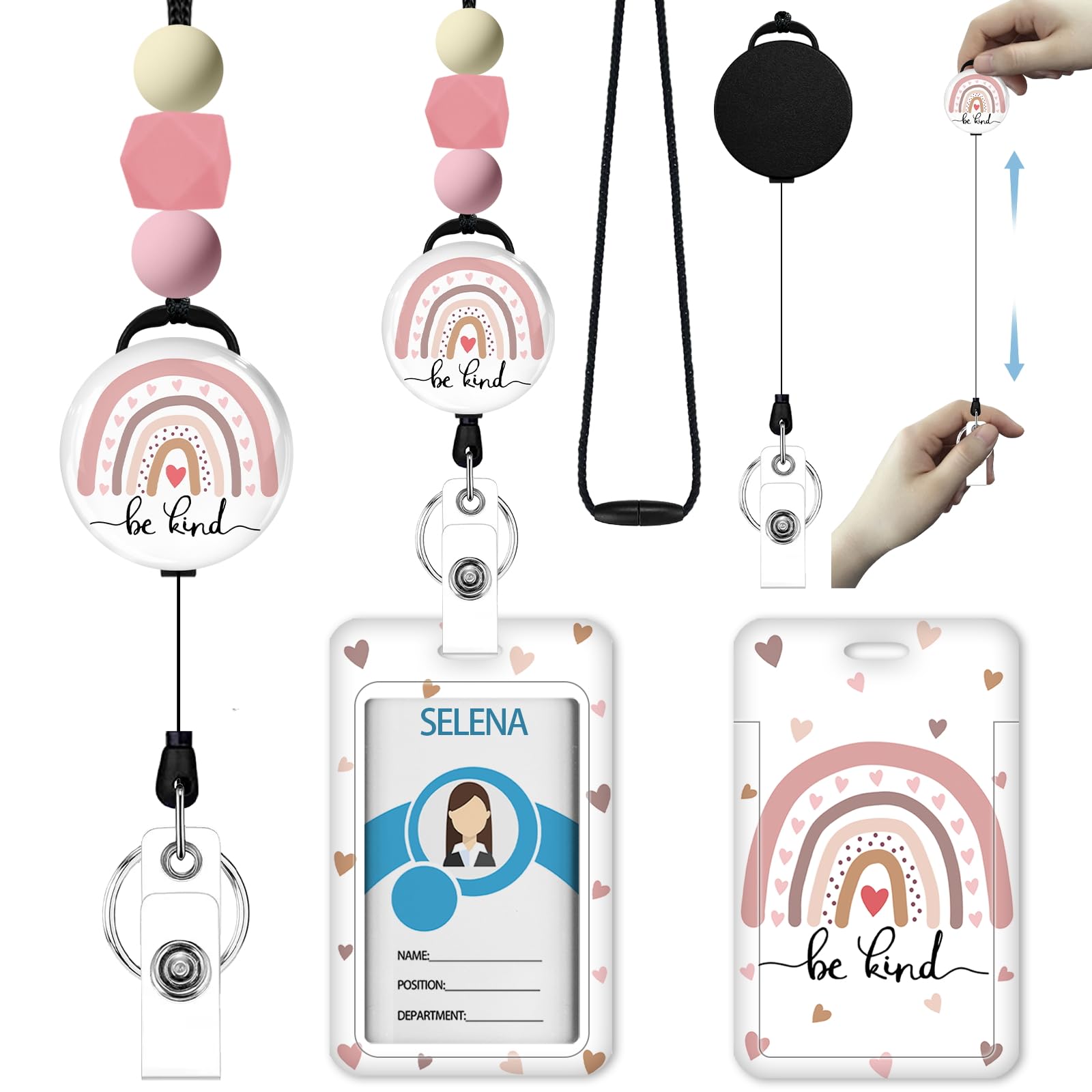 Retractable ID Badge Holder with Rainbow Lanyard - Teacher & Office Use