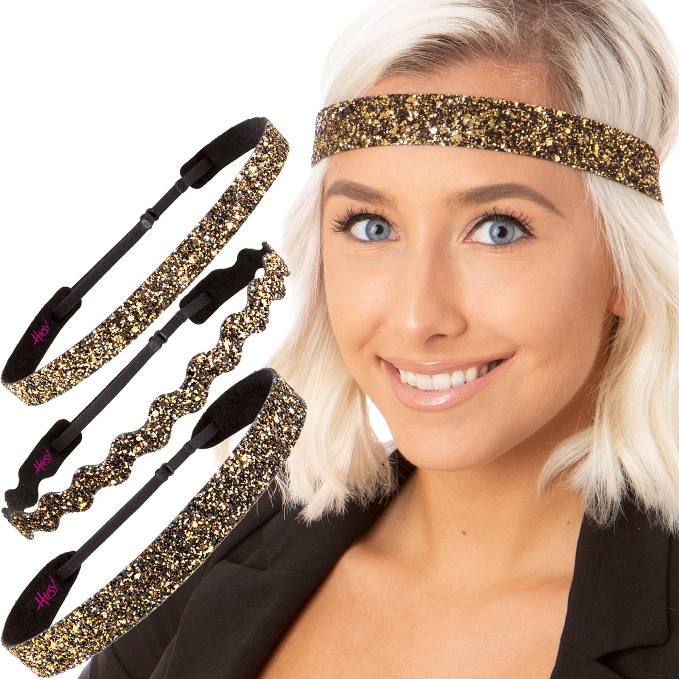 Sparkly Adjustable No-Slip Headbands for Women, Girls & Teens - 3 Pack Bling Glitter Mixed Diva Headbands (Regular Size) | Perfect for Sports, Workouts, School & Everyday Fashion Accessories