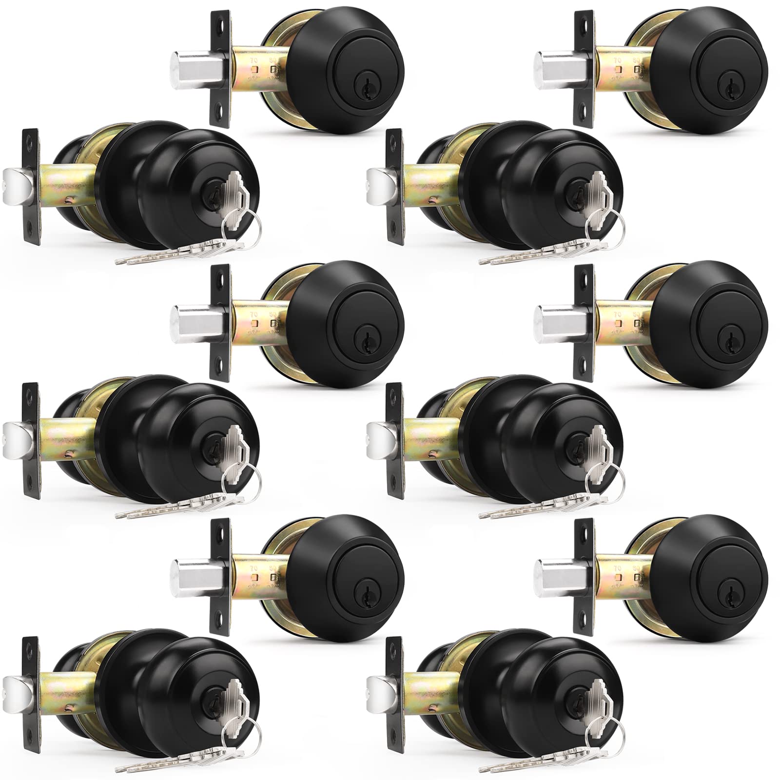 6 Pack Round Ball Front Door Keyed Entry Knobs with Single Cylinder Deadbolt Combo Set - Flat Black, Keyed Alike - Secure Home Entry for Houses, Apartments & Offices
