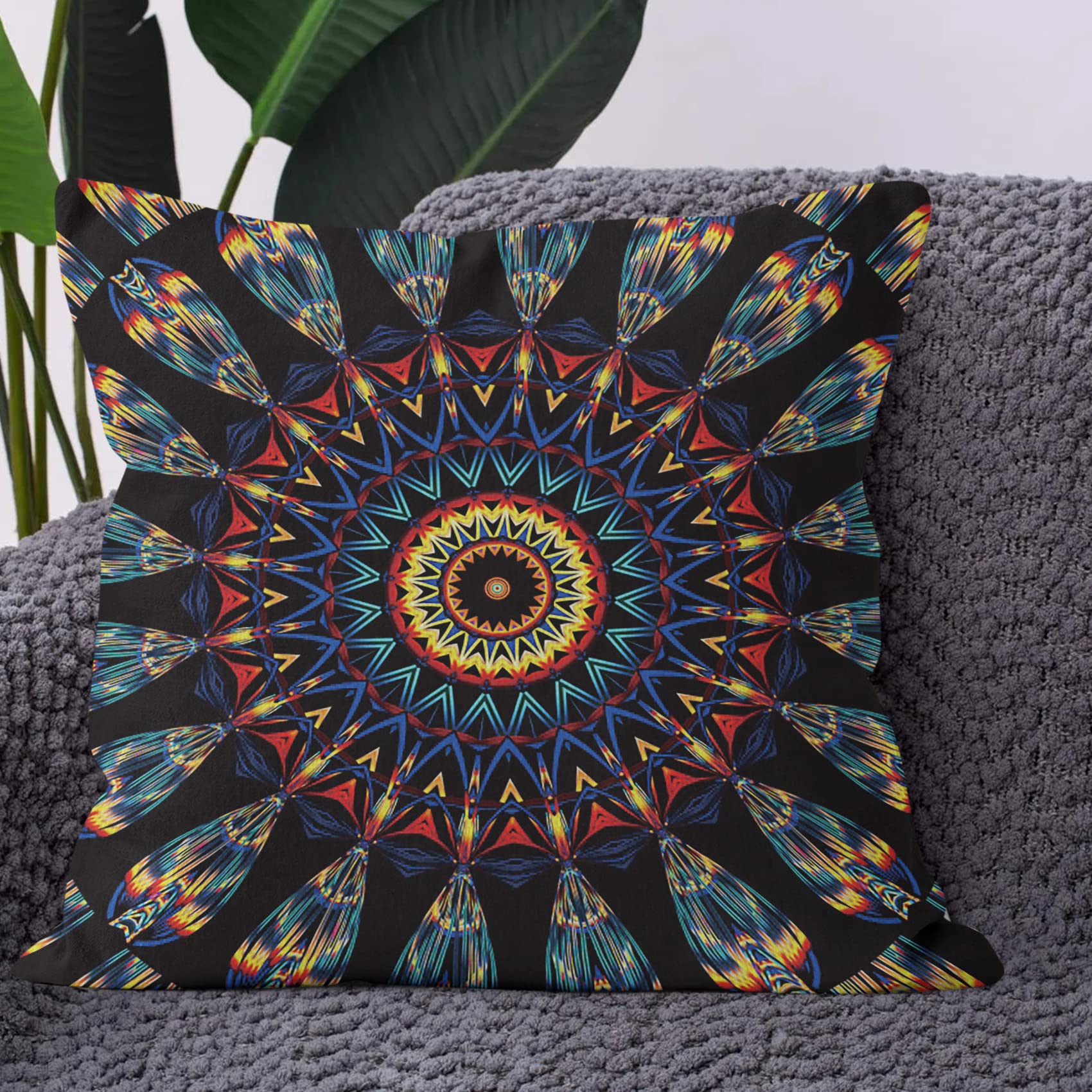 Yeele Boho Pillow Covers 20x20 Inch - Mandala Floral Print Square Cushion Cases with Hidden Zipper, Bohemian Chic Home Decor for Living Room Sofa, Bed, Chair (Black Retro Background) | Perfect for Cozy Home Styling & Boho-Themed Interior Design