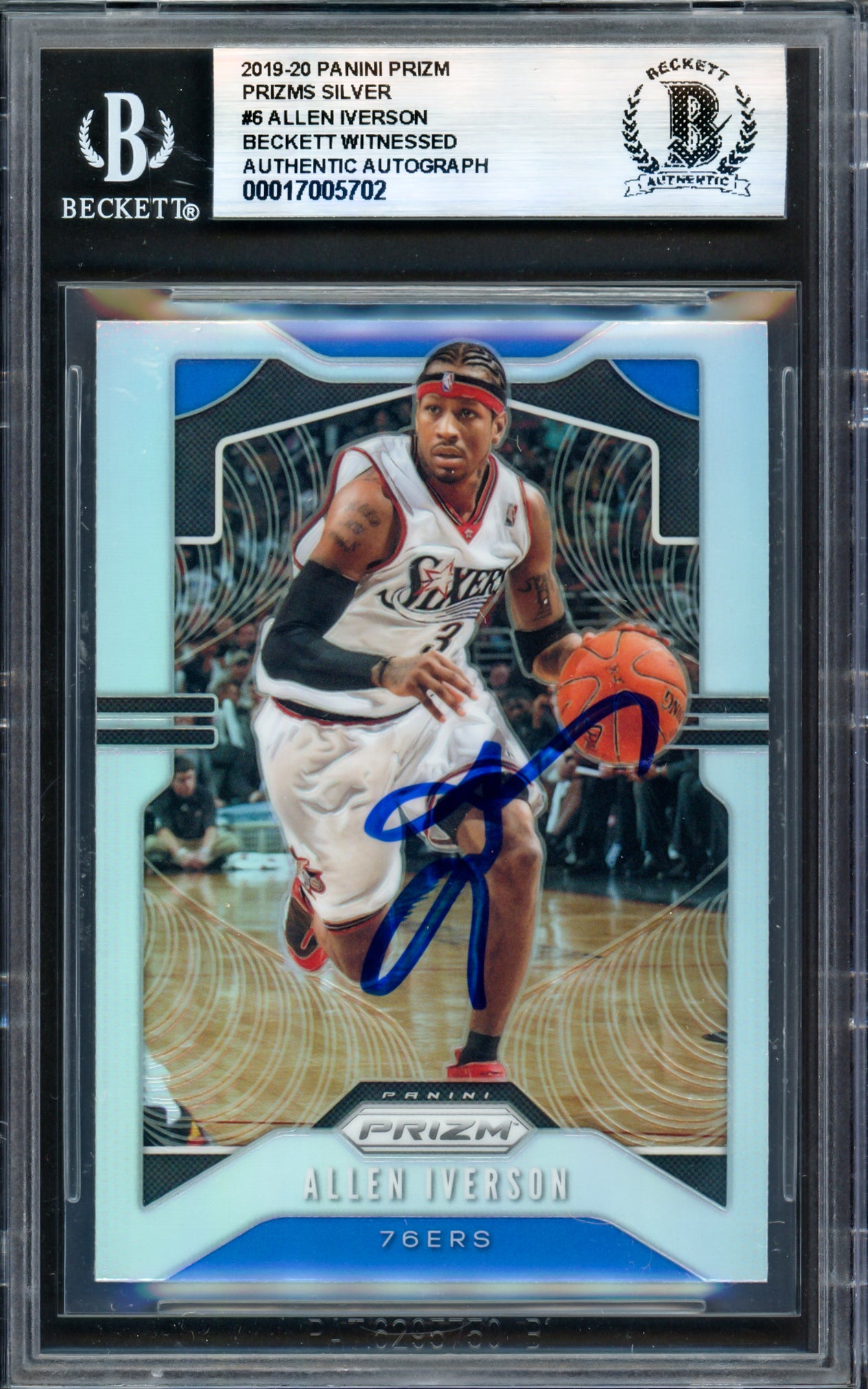 Allen Iverson Autographed 2019-20 Panini Prizm Silver Basketball Card #6 Philadelphia 76ers - Beckett BAS Witness Certified #17005702 - Perfect for NBA Memorabilia Collectors and Sports Fans Display