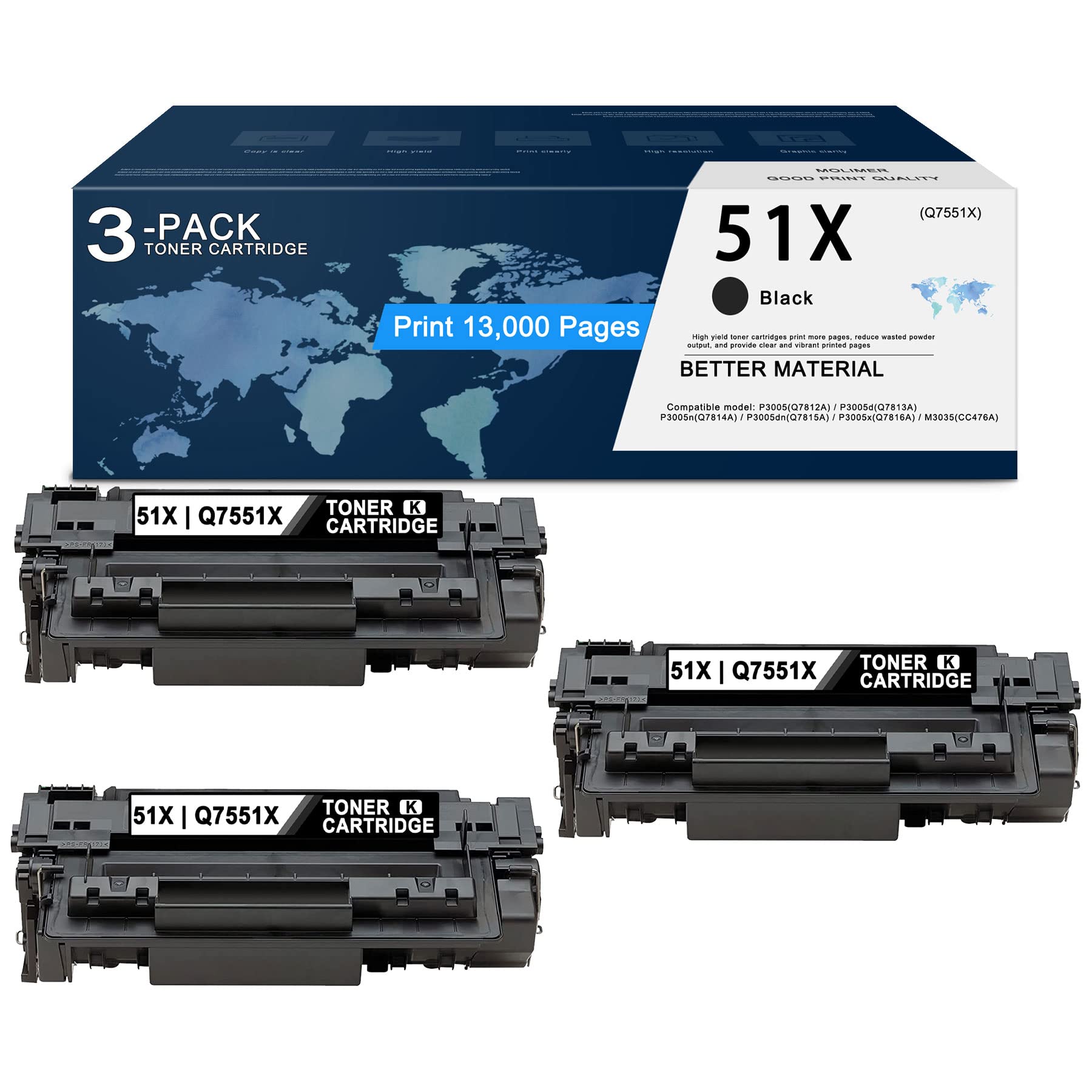 MOLIMER 3-Pack 51X Q7551X Toner Cartridge Replacement for HP 51X M3027x P3005d P3005n P3005dn P3005 M3035xs M3035 M3027 - High Yield Printer Toner for Office & Home Printing