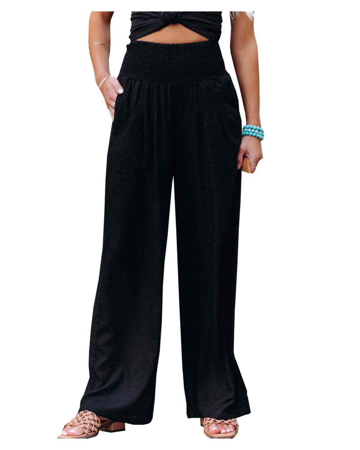 **Cyparel Women's Casual Cotton Linen High Waisted Wide Leg Pants - Loose Straight Leg Trousers with Pockets - Comfortable & Stylish for Work, Travel & Everyday Wear**