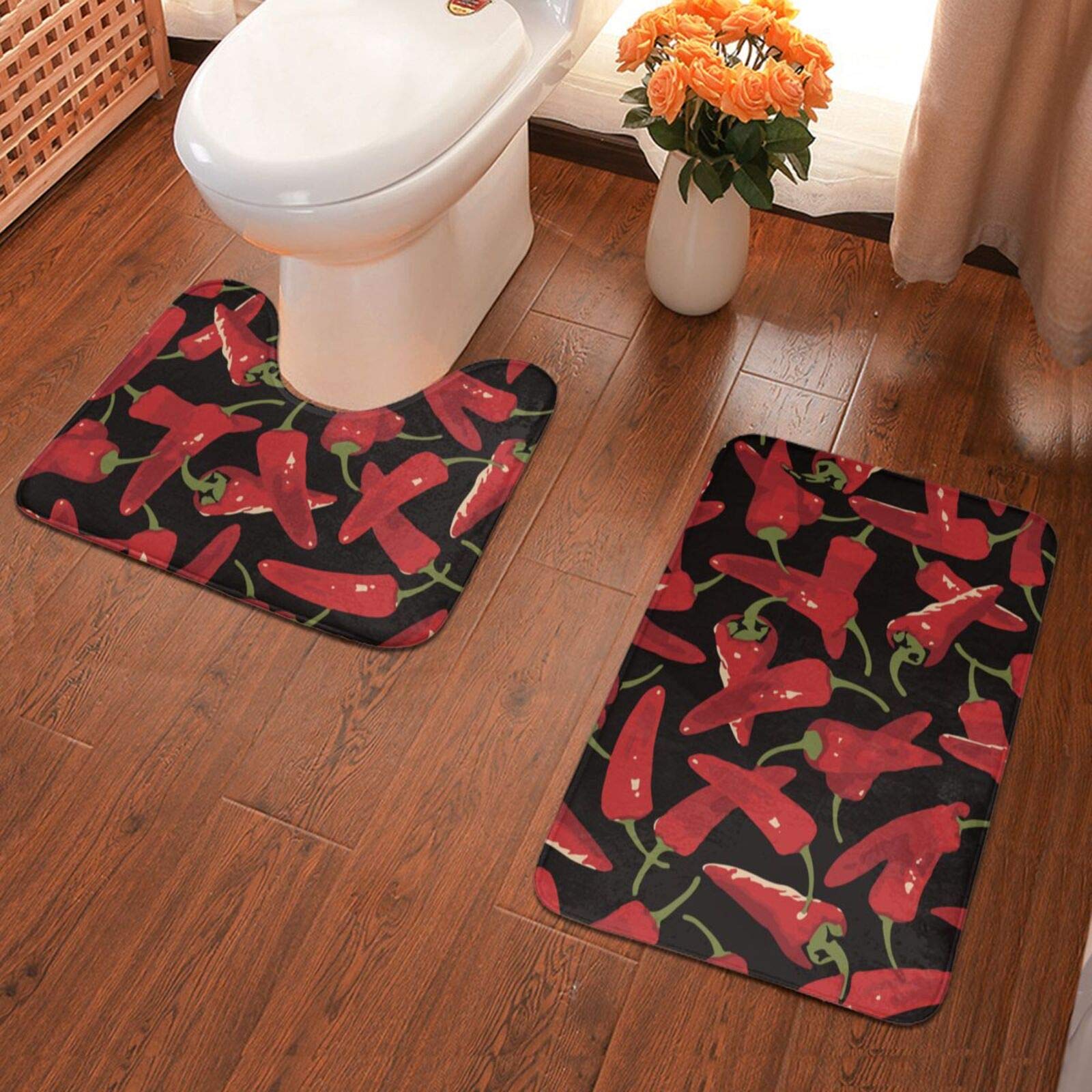 Funny Chili-Shaped Bath Mat Set - 2 Piece Non-Slip Memory Foam Bathroom Rugs for Toilet & Bathtub | Ultra Absorbent, Fast Dry Floor Mats | Perfect for Bathroom Decor & Safety (Red)