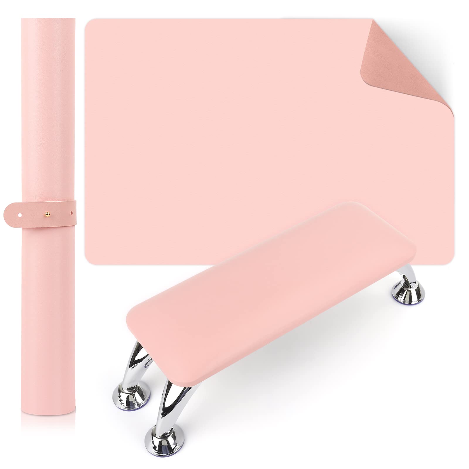 Professional Acrylic Nail Arm Rest with Microfiber Leather Cushion & Nail Table Mat - Soft Foldable Hand Pillow Footstool for Nail Technicians & DIY Manicures - Perfect for Salon, Home Nail Art & Gel Polish Application (Pink)