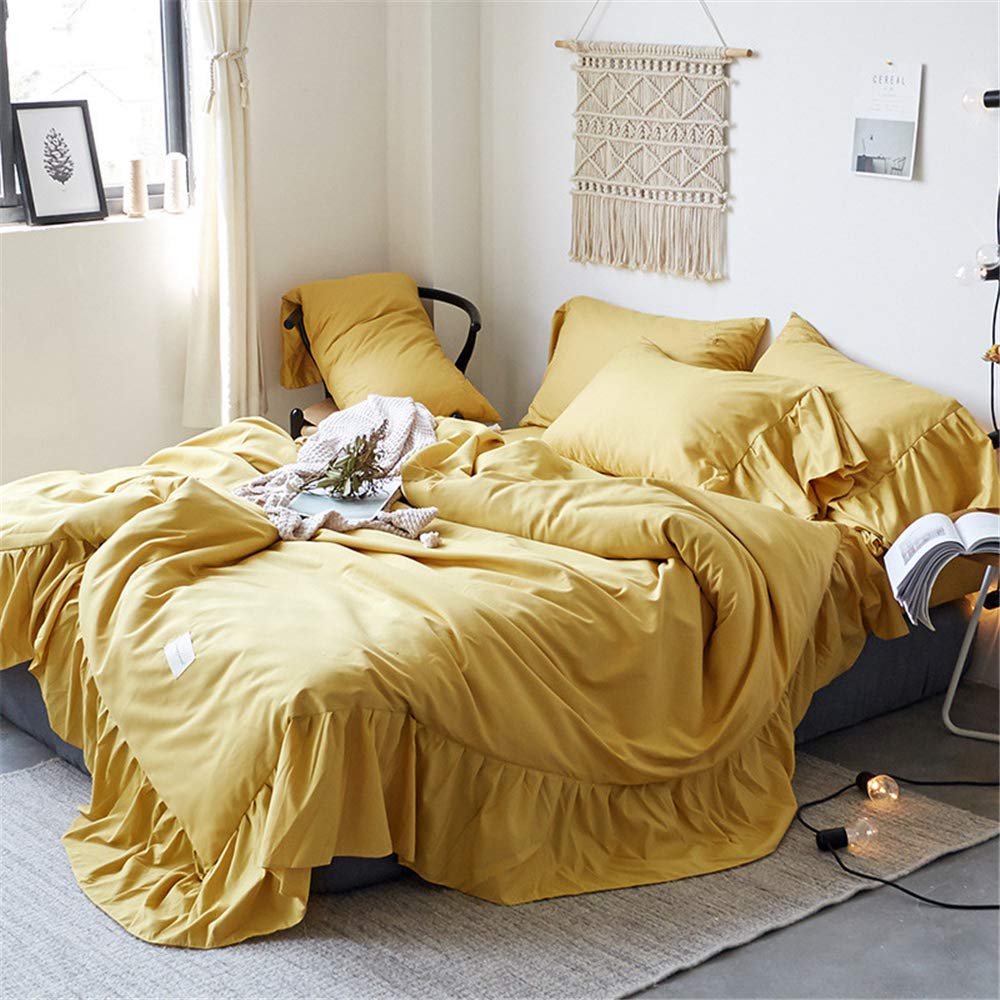 Queen Size Ruffle Duvet Cover Set - 100% Washed Microfiber 3-Piece Bedding with Zipper Closure & Corner Ties | Shabby Chic Farmhouse Style Duvet Cover & Pillow Shams | Easy Care & Wrinkle Resistant (Yellow) - Perfect for Master Bedroom, Guest Room & Cozy Farmhouse Decor