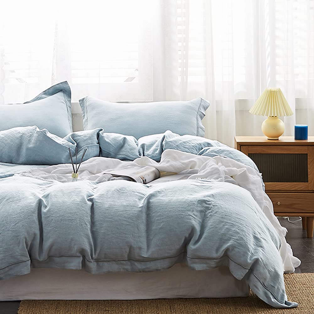 Luxury 100% Washed Linen Duvet Cover Set - Queen Size 88x92 Inches - 3 Piece Farmhouse Bedding with Embroidered Design & Button Closure - Includes 1 Duvet Cover + 2 Pillow Shams - Dusty Blue - Perfect for Master Bedroom, Guest Room & Cozy Farmhouse Decor