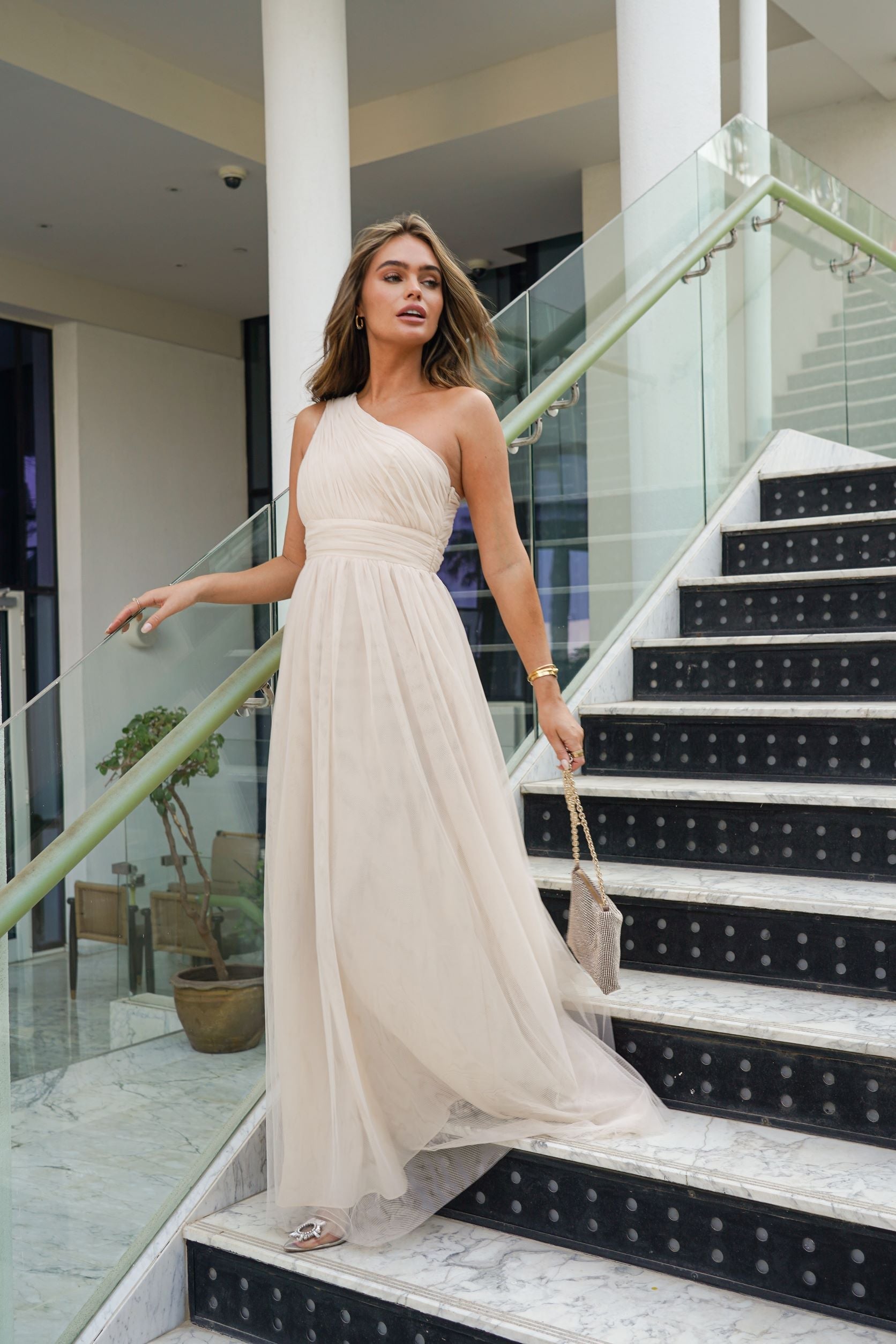 Elegant One Shoulder Mesh Maxi Dress for Women - Sexy Long Evening Gown for Parties, Weddings & Special Occasions