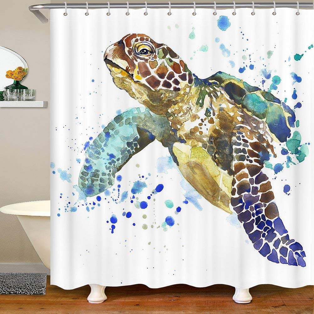 Waterproof Washable Turtle & Reptile Shower Curtain - White & Blue Sea Theme Mediterranean Bath Decor - 72x72 Inches with Hooks - Perfect for Beach House, Kids' Bathroom & Ocean-Themed Decor